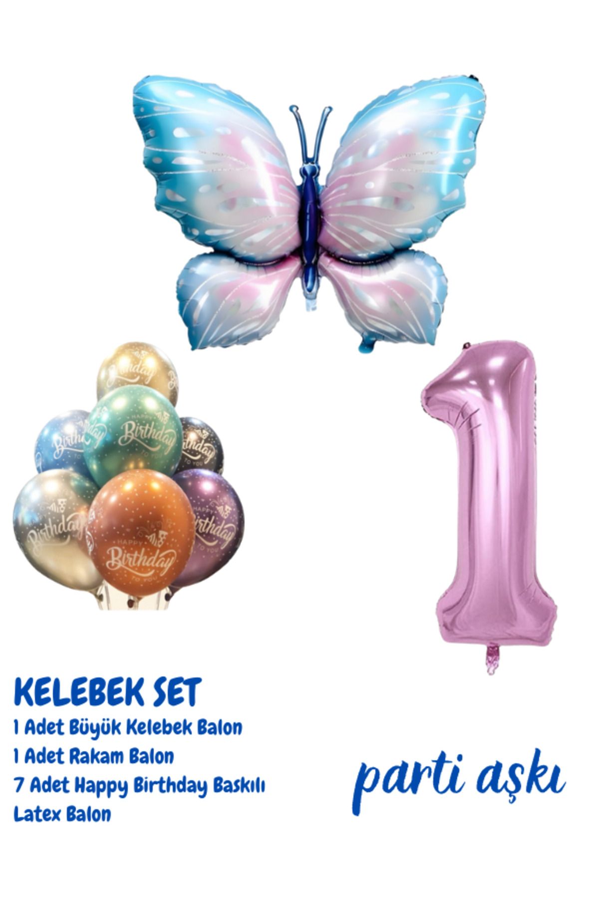 PARTİ AŞKI 1 Yaş Büyük Kelebek 3'lü Balon Seti & Kız Çocuk Bebek Konsept Doğum Günü Parti Balonu