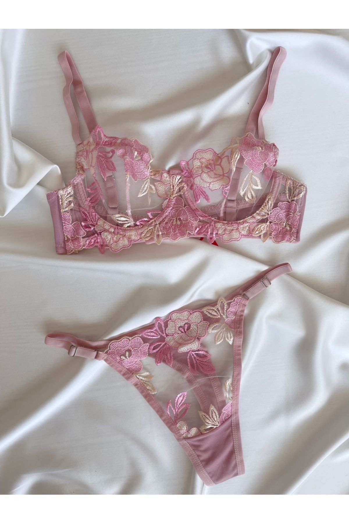 Pijamacs Pudra Pembe Çiçek Desenli Bralet Takım Sütyen Set