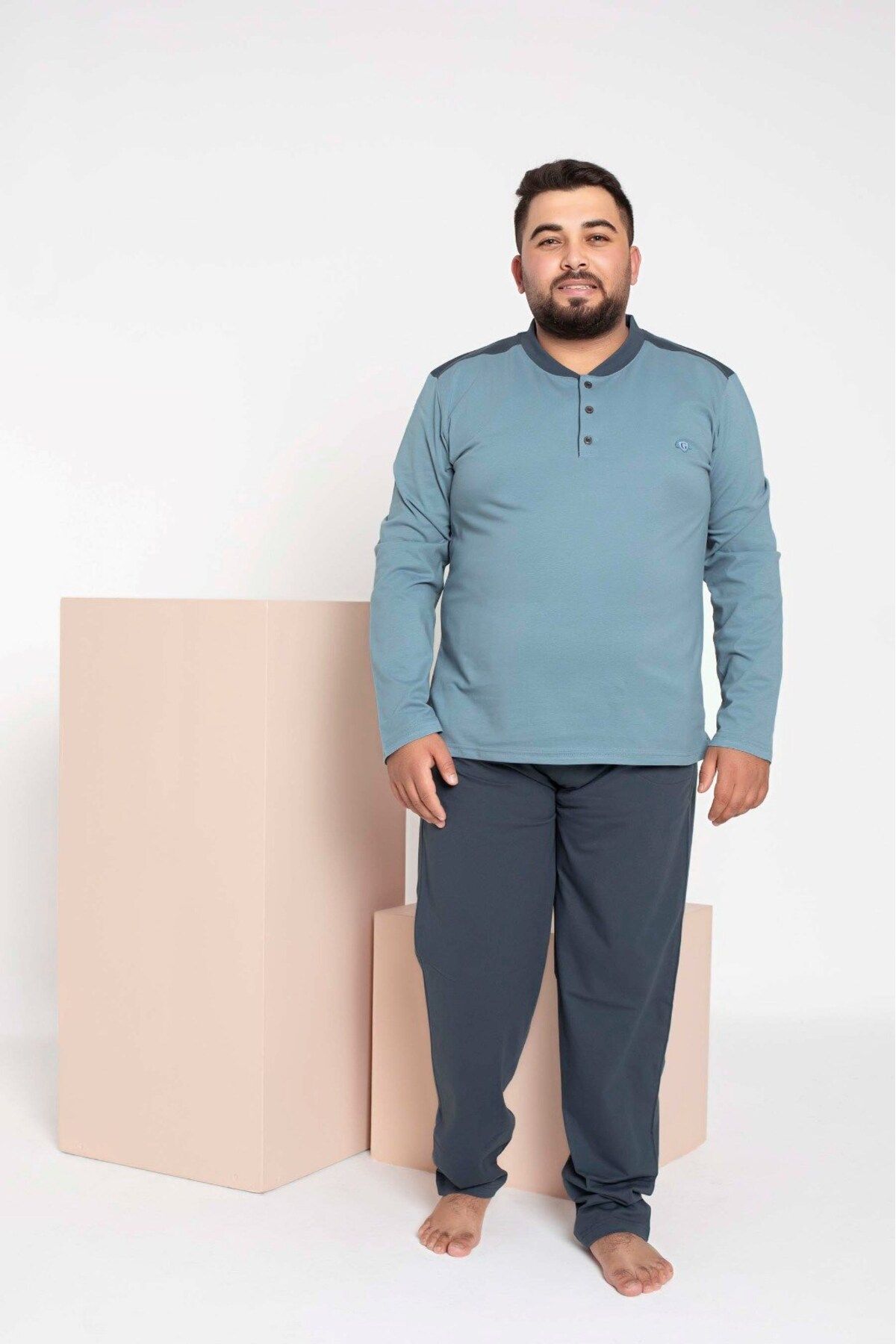GUAVA+ Erkek Büyük Beden 3 Düğme %100 Pamuk Cepli Mevsimlik Pijama Takımı