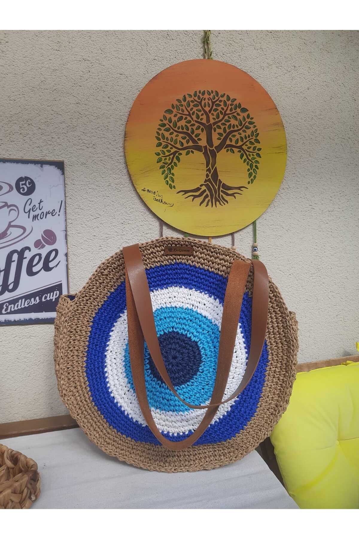 MODA Kadın Kağıt İp Nazar Boncuklu Örgü Astarlı Omuz Çantası
