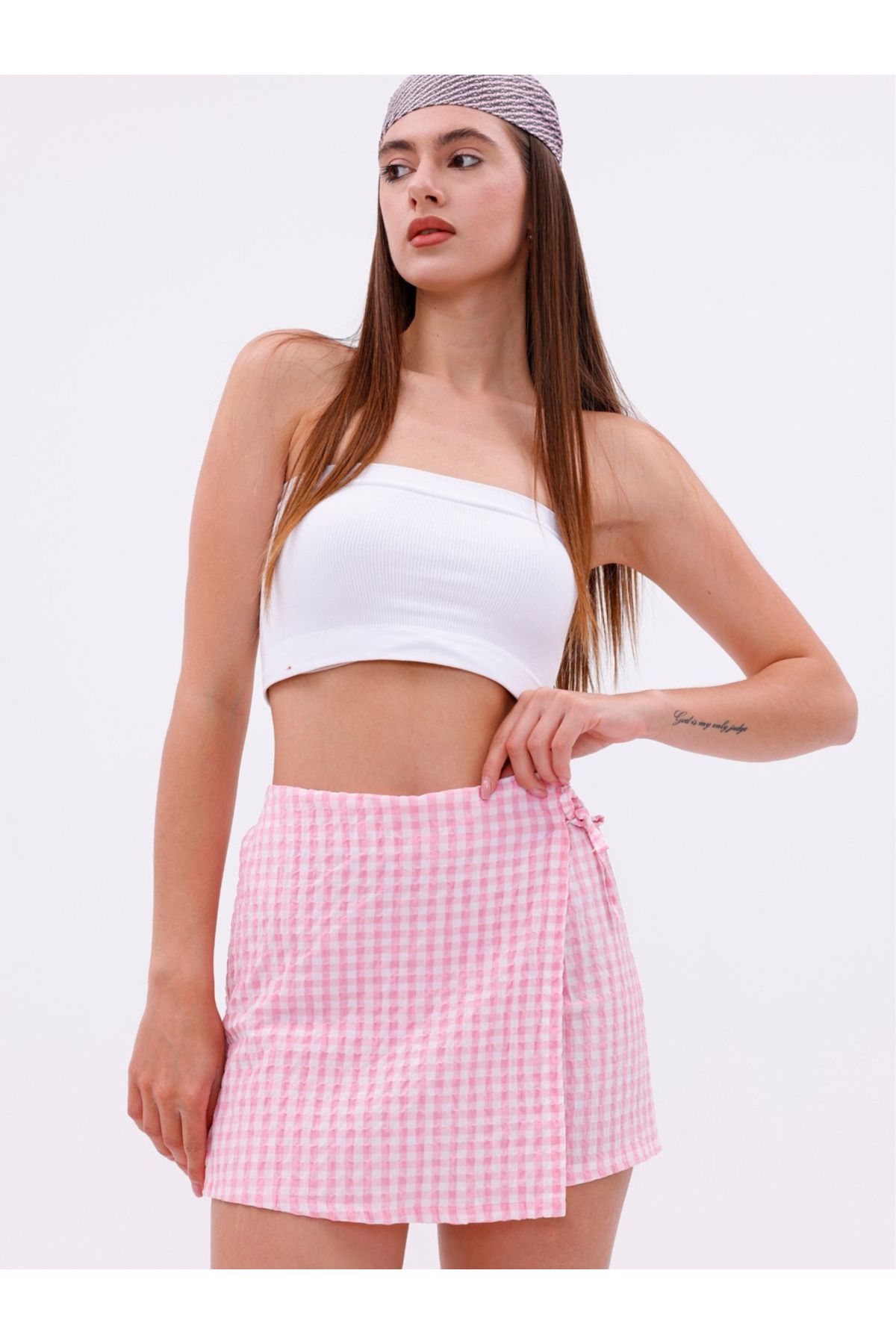 veira Pembe Ekose Bağlamalı Şort Etek - Yüksek Bel Yazlık Mini Model - Kapama Detaylı Şort Etek