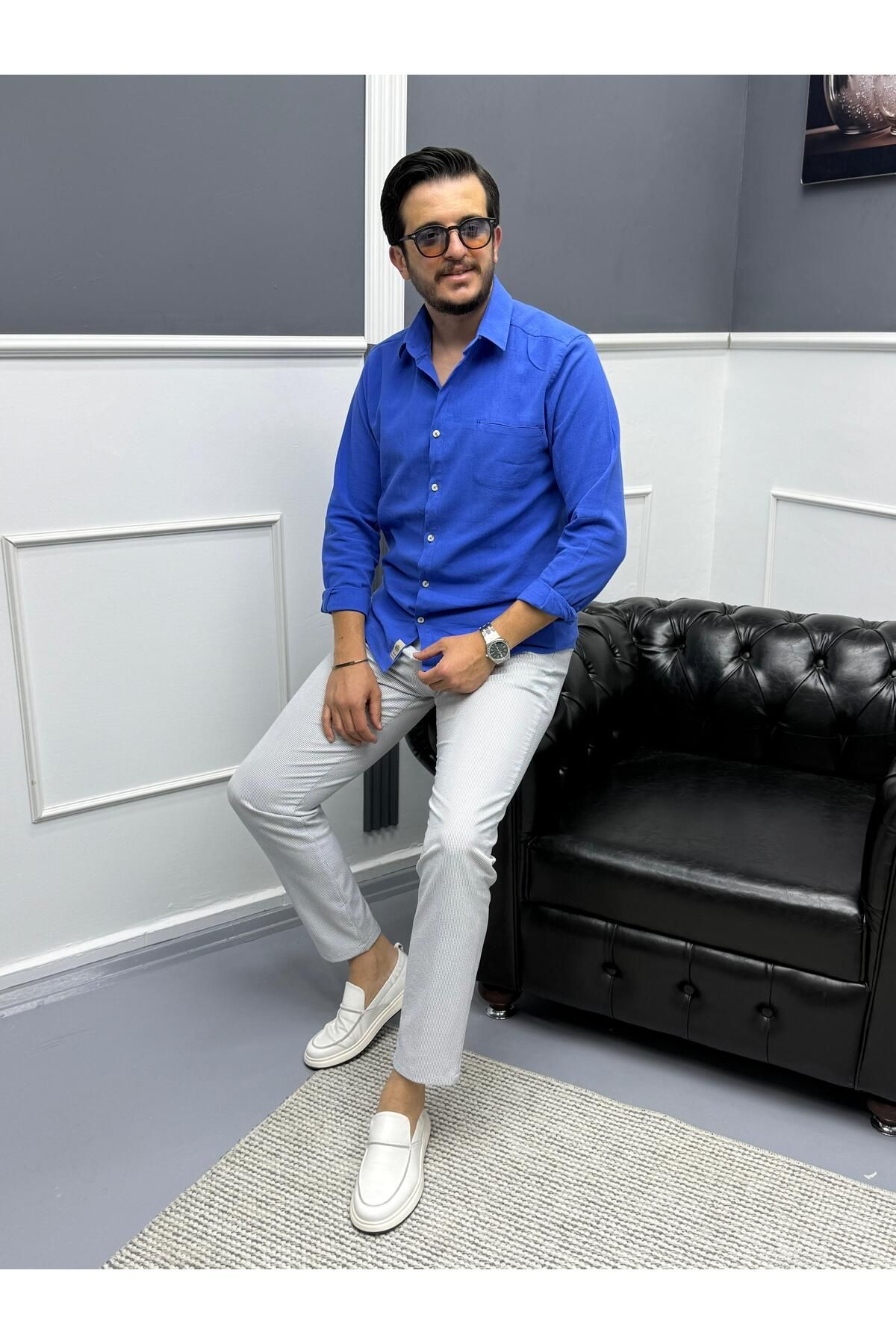 Avni Ceylan Erkek Keten Dokulu Slim Fit Uzun Kollu Gömlek Nakış işleme Detaylı