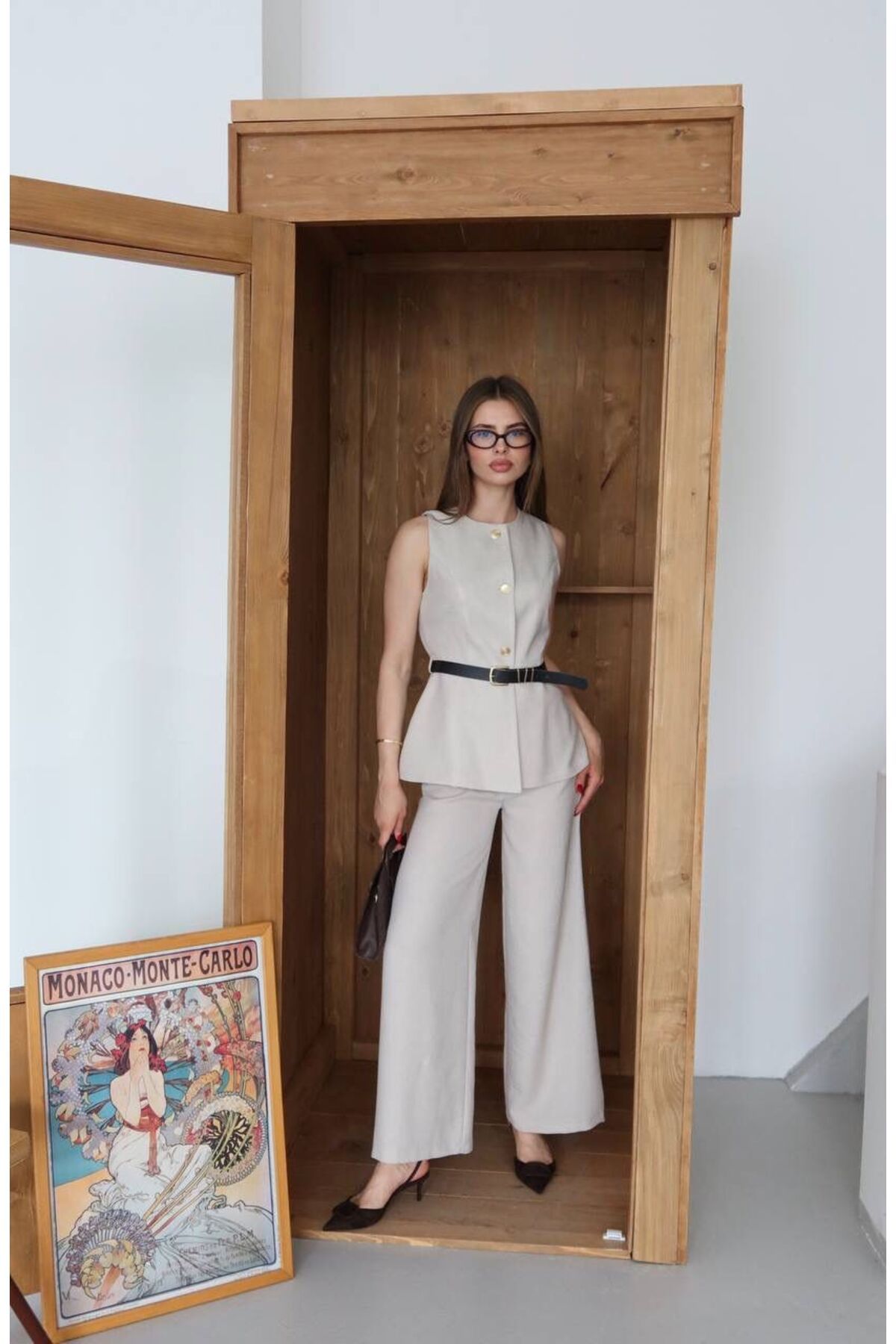 MODA Bej Renkli Kemerli Keten Yelek Pantalon İkili Takım