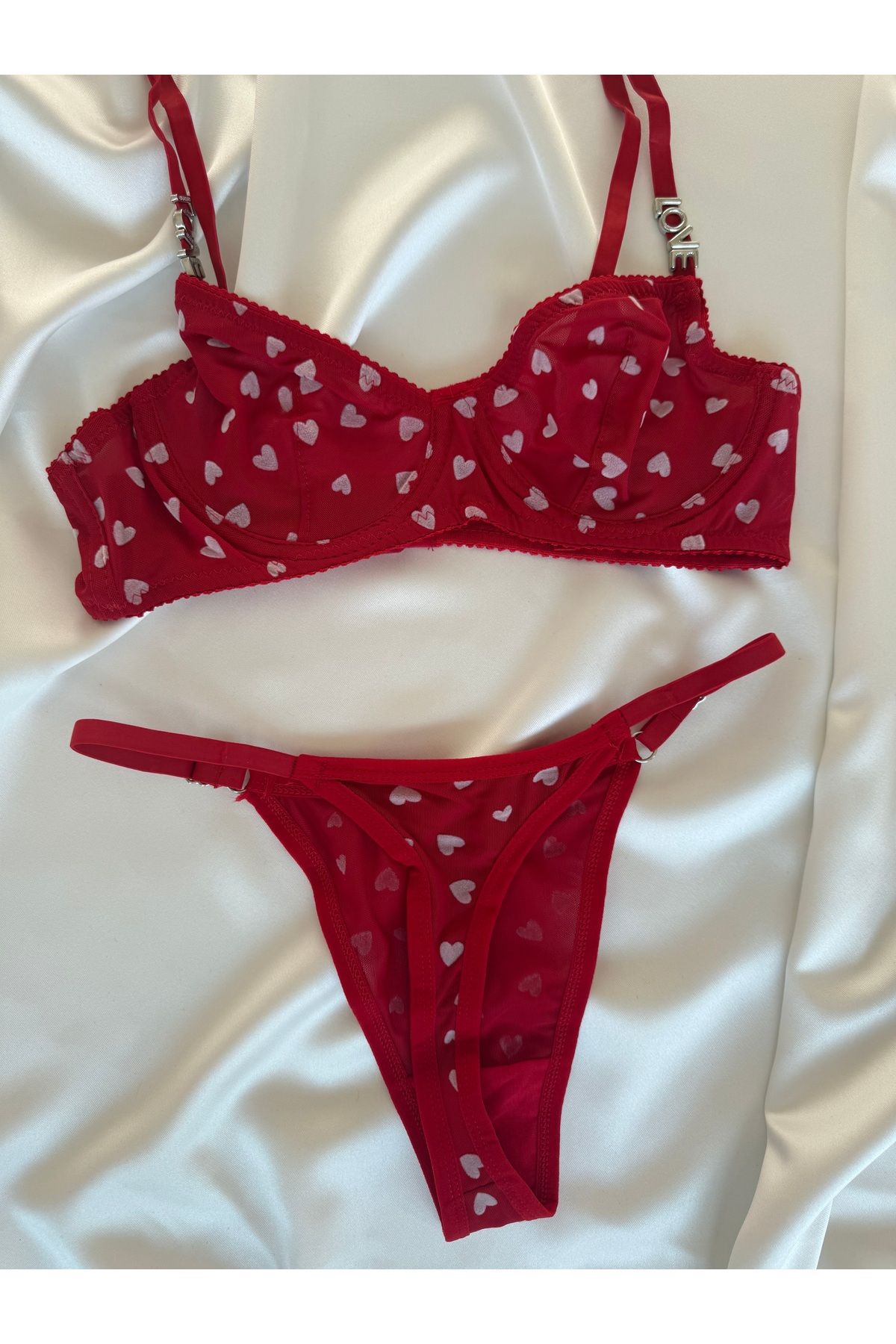 Pijamacs-Transparent Detailed Red Heart Patterned Bralet Set Bra Set 7