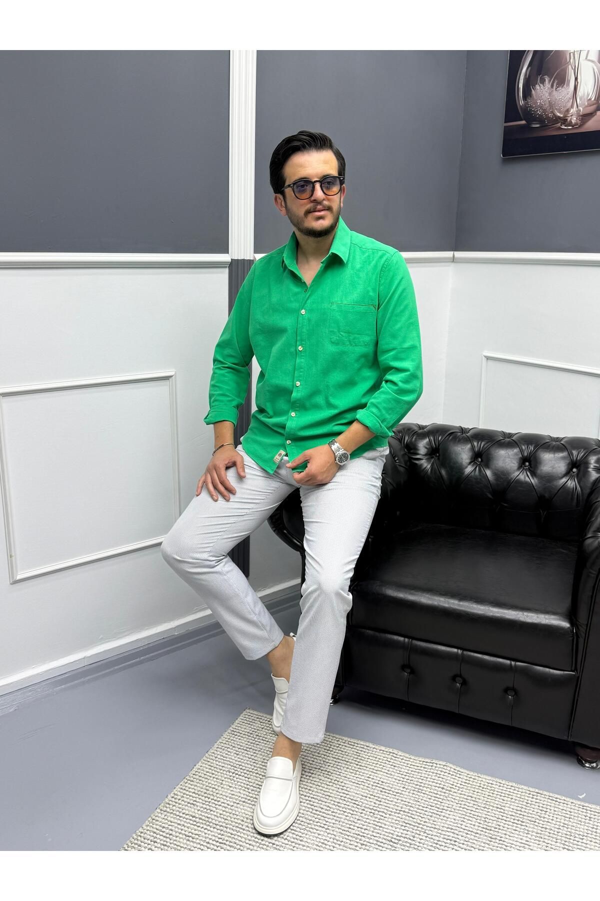 Avni Ceylan Erkek Keten Dokulu Slim Fit Uzun Kollu Gömlek Nakış işleme Detaylı