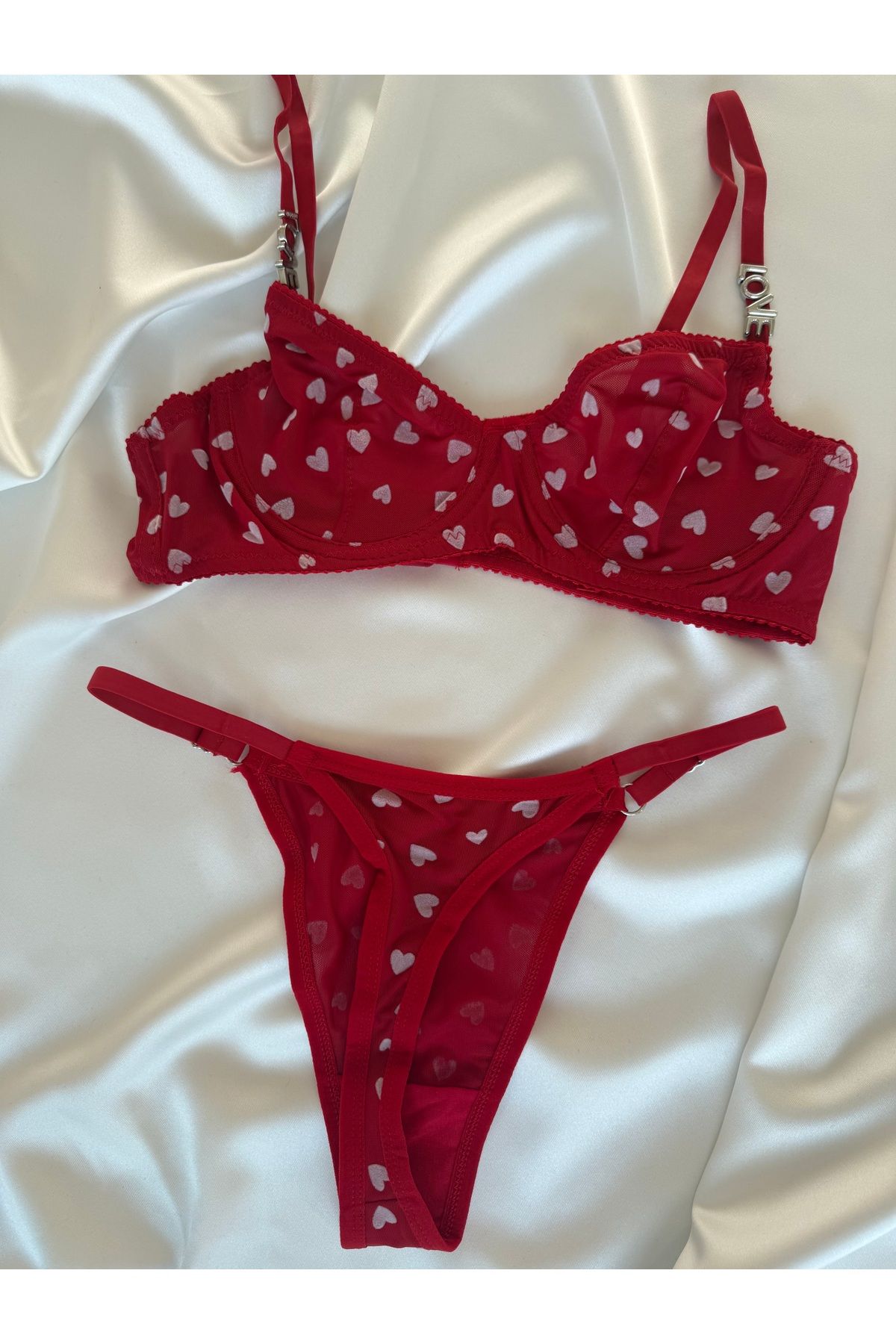 Pijamacs-Transparent Detailed Red Heart Patterned Bralet Set Bra Set 5