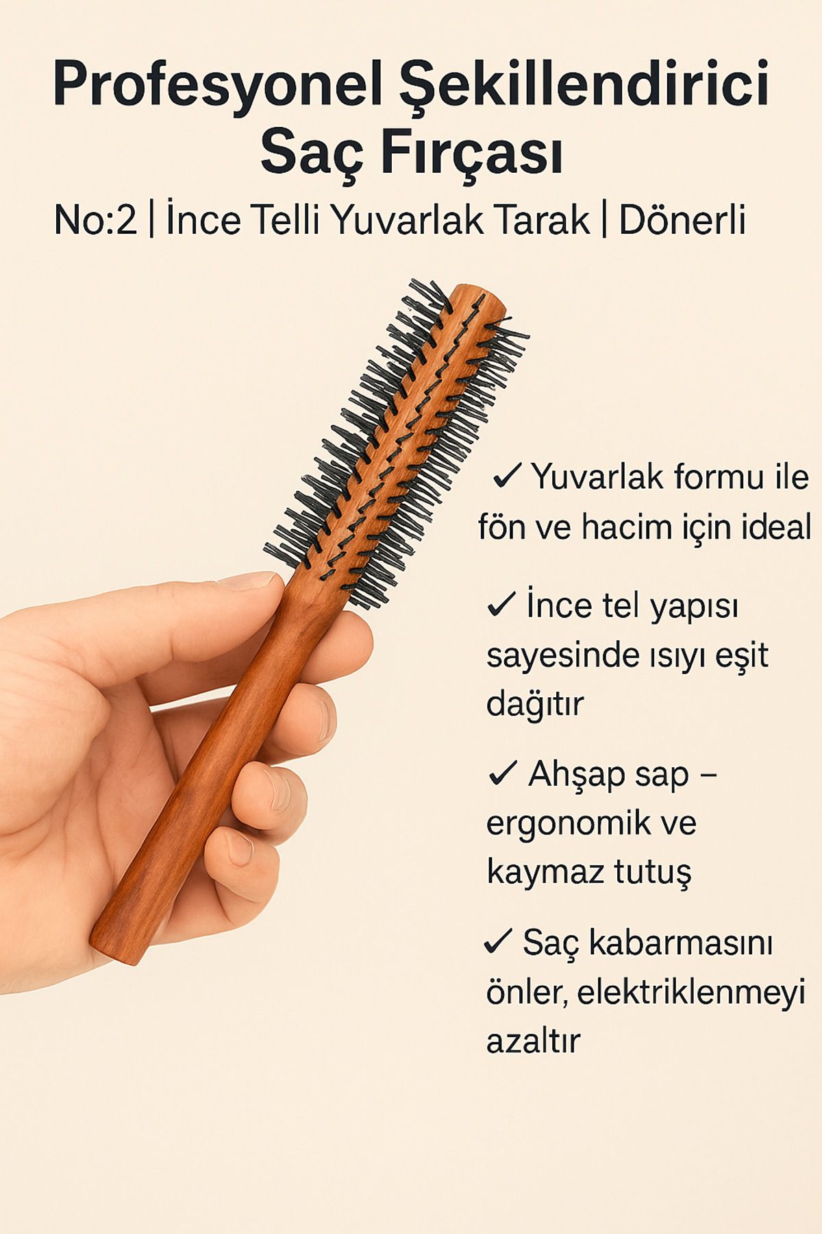 Metler Profesyonel Şekillendirici Saç Fırçası No:2-İnce Telli Yuvarlak Tarak | Dönerli Kuaför Tarağı 1 Adet