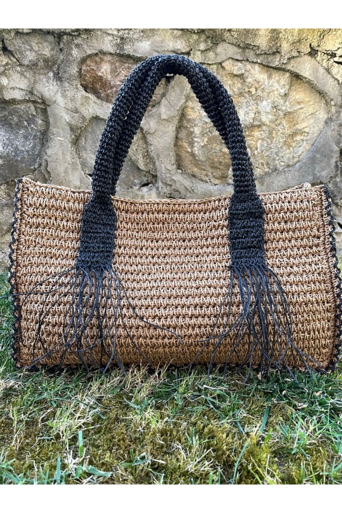 MSS ATALIER HASIR SAÇAKLI AKSESUAR SİYAH KAHVE TOTE ÇANTA ,EL OMUZ SHOPPER , ÖRGÜ, GÜNLÜK -PLAJ BÜYÜK ÇANTA