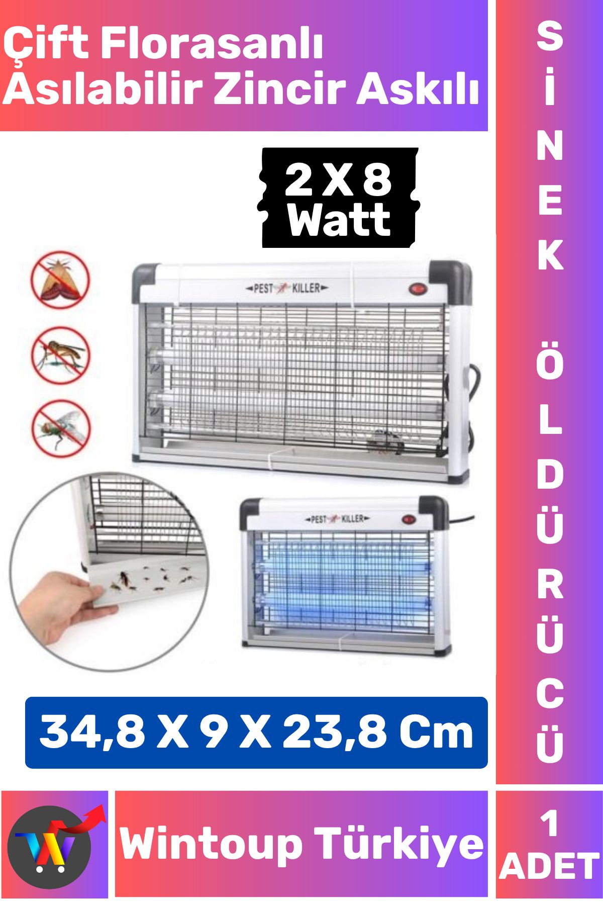 Wintoup Luxery Güçlendirilmiş UV Çift Florasanlı Zincir Askılı 16 Watt Sinek Kara Sinek Sivrisinek Öldürücü