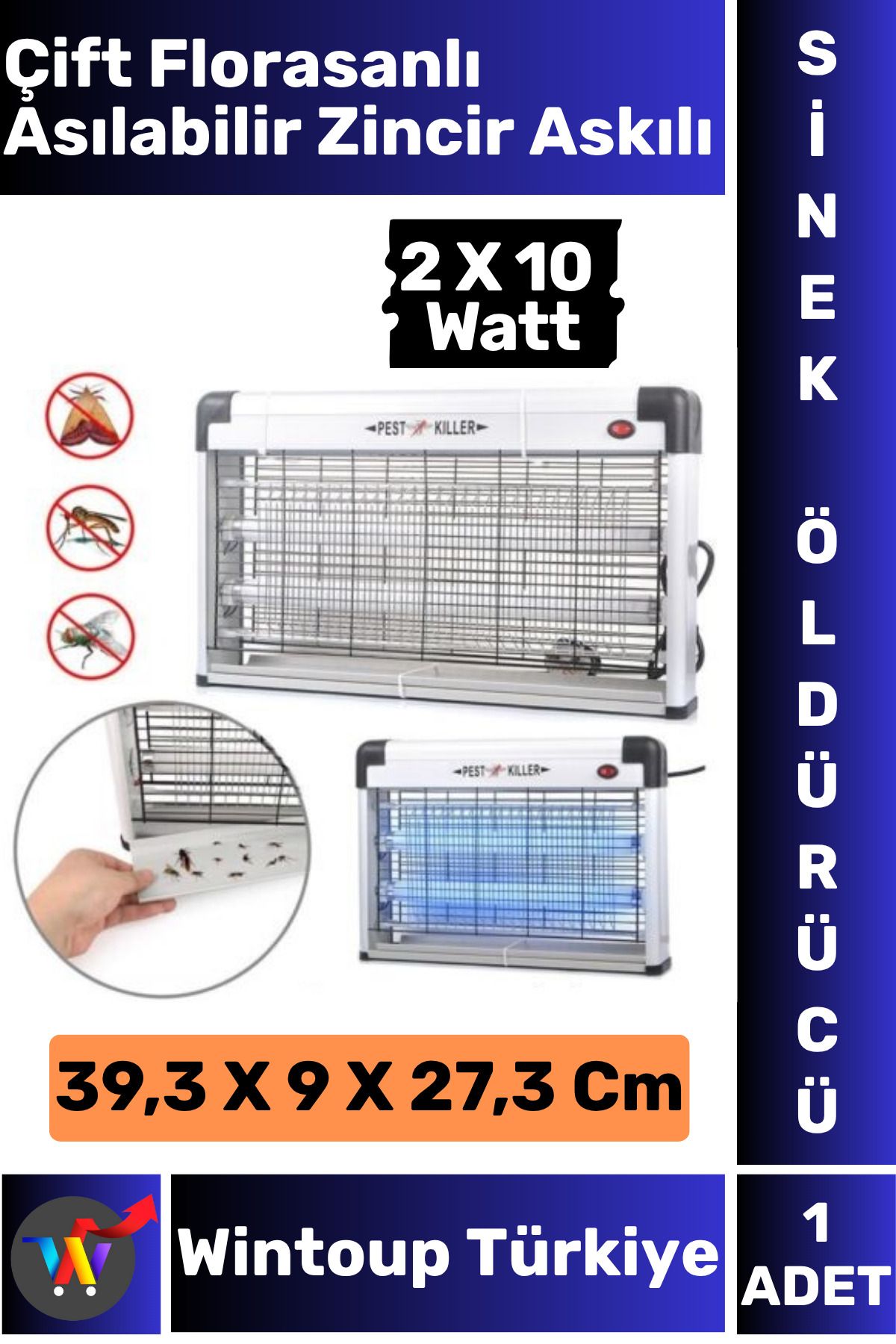 Wintoup Luxery Güçlendirilmiş UV Çift Florasanlı Zincir Askılı 20 Watt Sinek Kara Sinek Sivrisinek Öldürücü