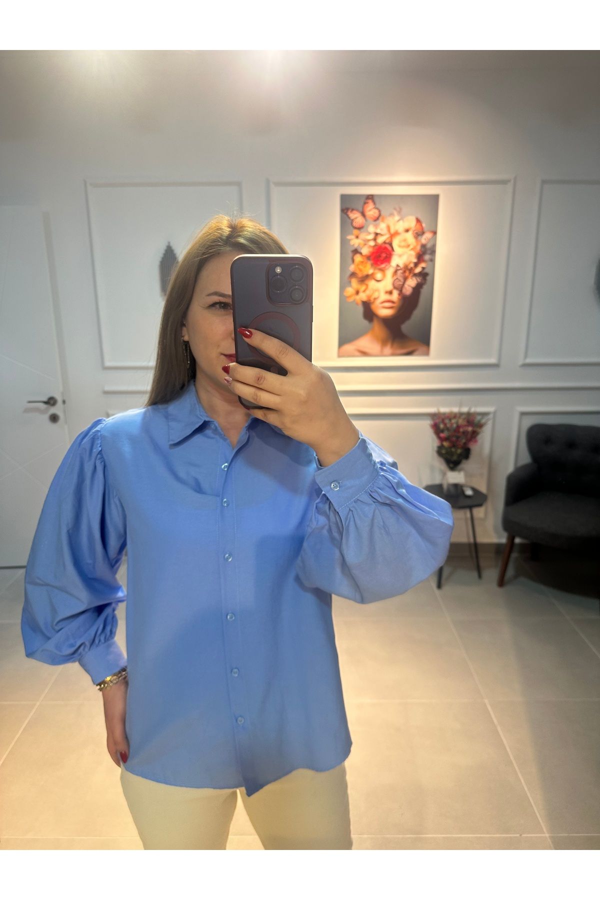 Butik Kadın Mavi Gömlek Balon Kol