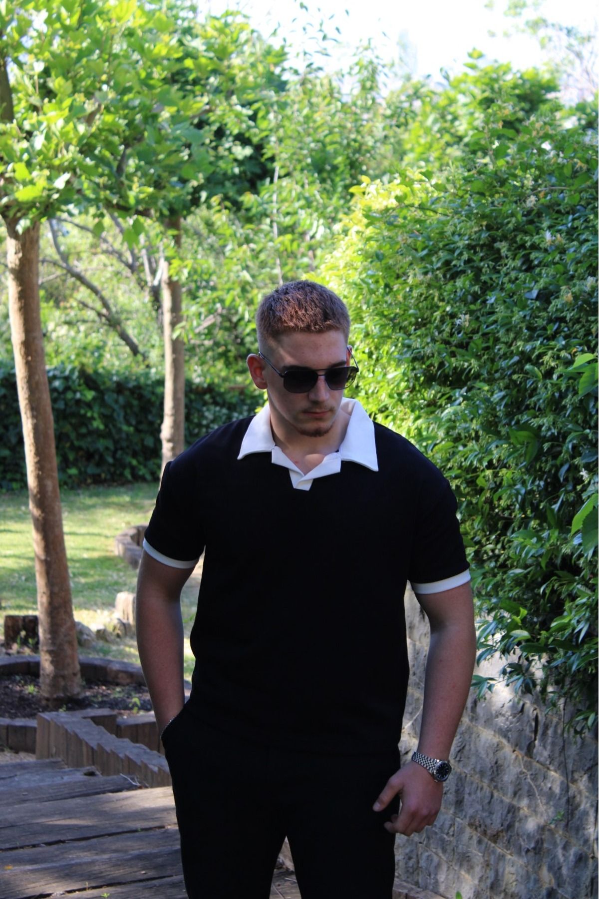 Alpha star Doubleface polo yaka granili oversize tişört düz