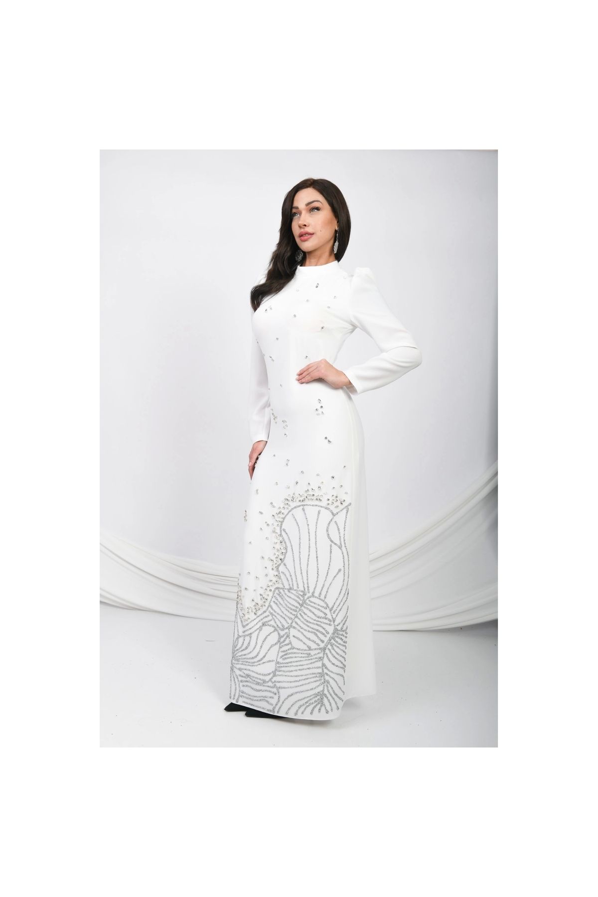 Moda Sezaver Tesettür Abiye | Nikah Elbisesi | Asil Duruş Krep Abiye - Beyaz