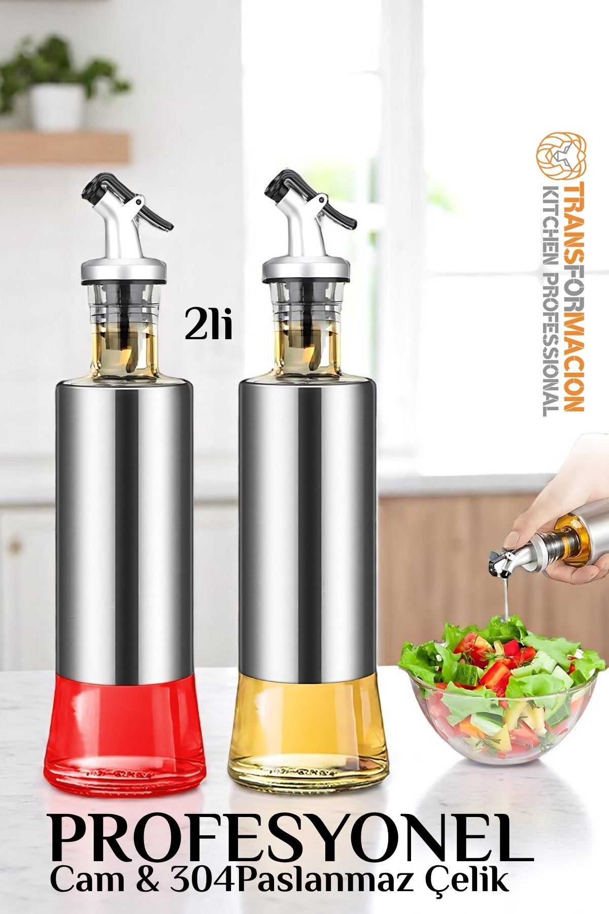 Transformacion Yağ Sirke Şişesi Yağlık 304 Çelik ve Borosilikat Cam 2 li SET 721774