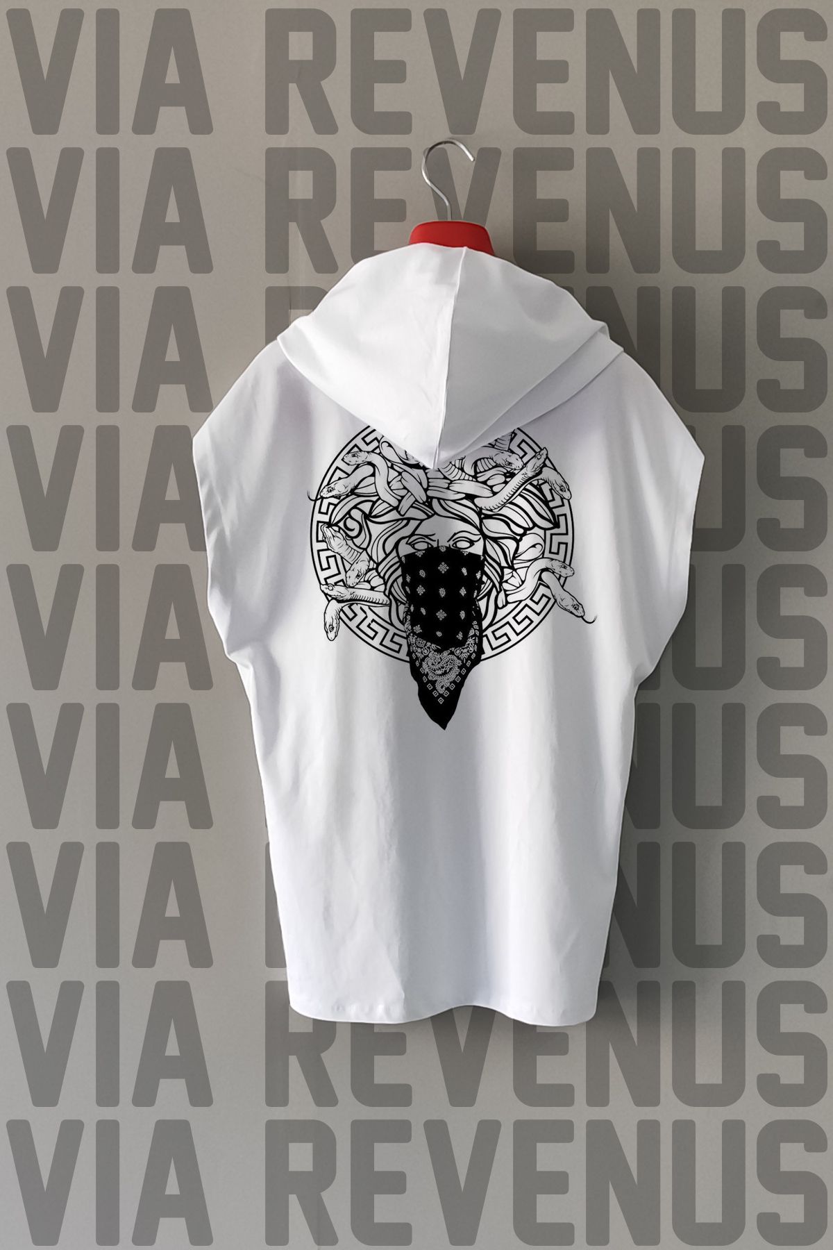 Vordevia Gangsta Medusa Ön ve Arka Baskılı Sıfır Kollu Kapüşonlu %100 Pamuk Spor Tshirt