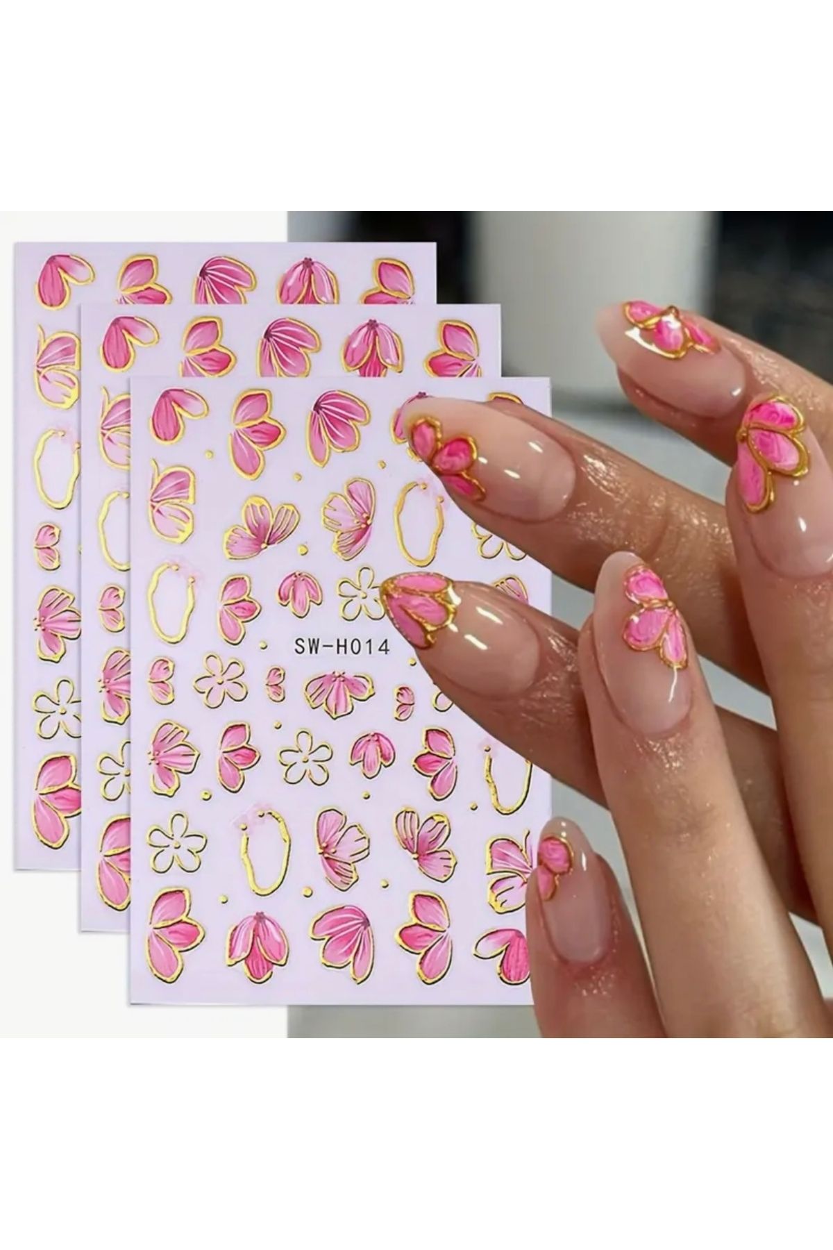 AEÇTASARIM 3D Pembe Çiçekli Tırnak Süsleme Stickerı, Nail Art Süslemeleri