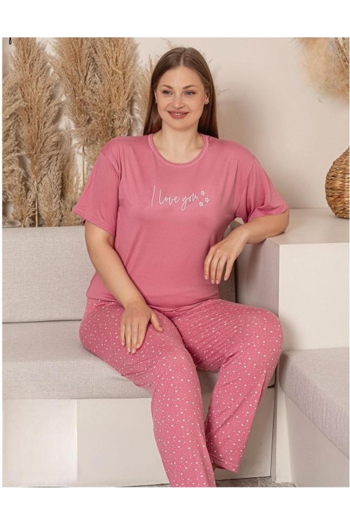 Sude Charme Kadın Büyük Beden Bisiklet Yaka MİLAN Likralı Kısa Kol Pijama Takımı K601/246 - 1 Adet