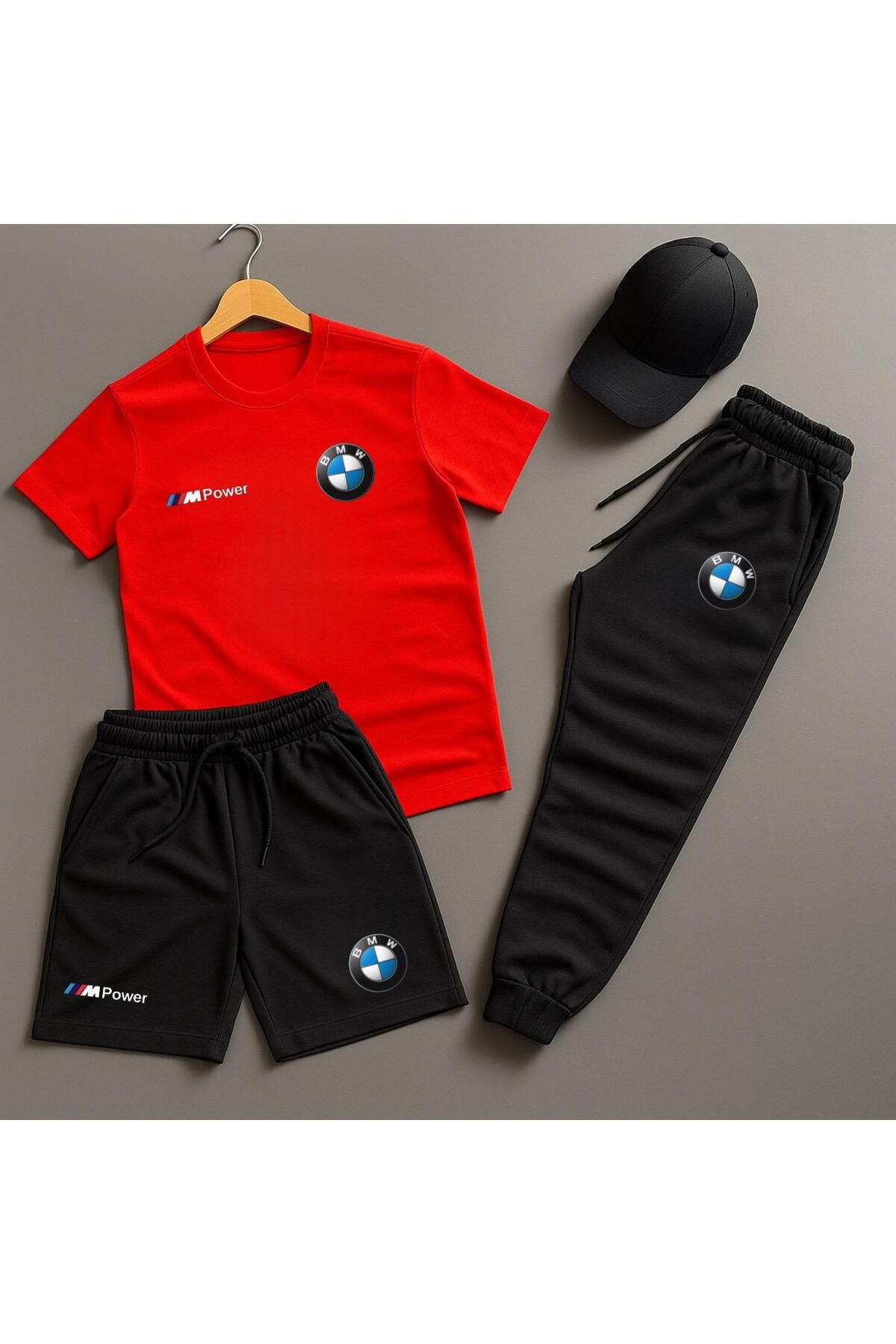 NEW TRENDY COLLECTİON BMW Logolu Yerli Üretim Spor Kombin – Nefes Alan Kumaş Tişört + Şort + Eşofman Altı Takımı