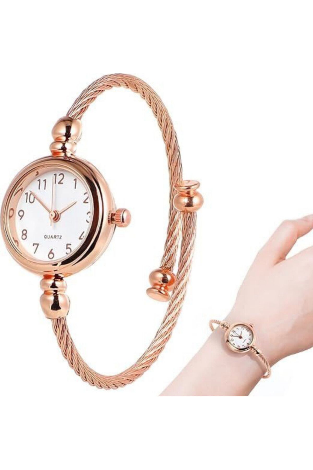 LÜX TARZ Yuvarlak Vintage İnce Bileklik Çelik Kordonlu Rose Gold Kadın Saat