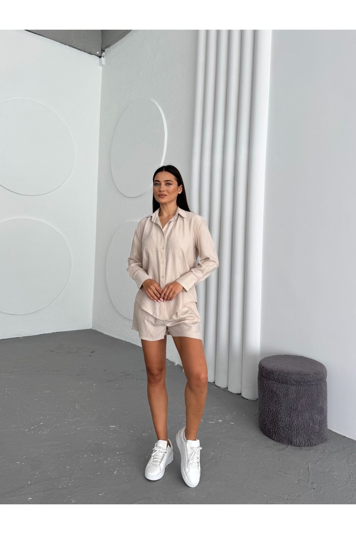 Bubble Kadın Oversize Üst Gömlek Beli Lastikli Bağlamalı Alt Şort İkili Takım
