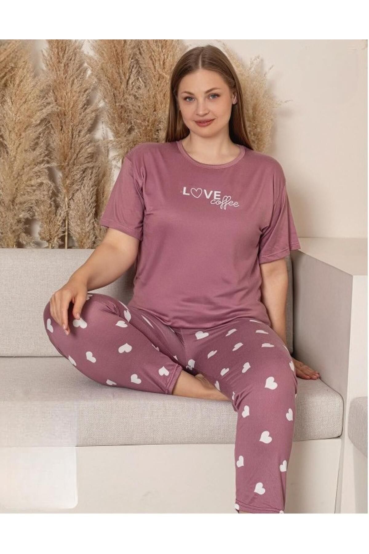 Sude Charme Kadın Büyük Beden Bisiklet Yaka MİLAN Likralı Kısa Kol Pijama Takımı K601/242 - 1 Adet