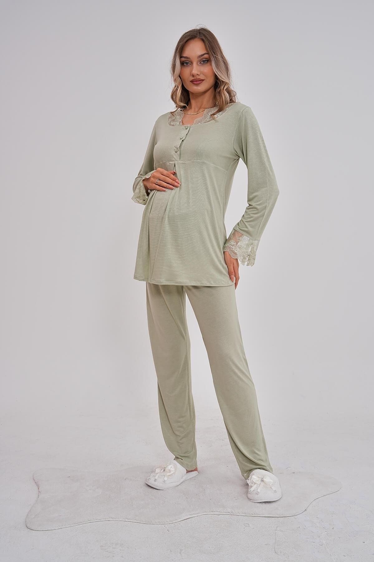 By Mecit Pijama Hamile Yaka ve Kolları Dantel Detaylı Lohusa Pijama Takımı