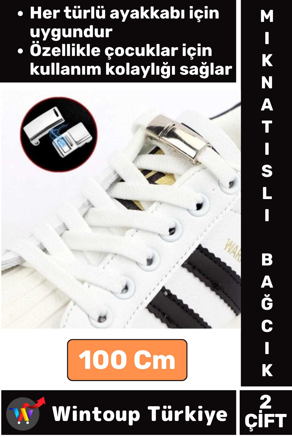Wintoup Çocuk Genç Yetişkin Şık Klipsli Manyetik Lastikli Pratik Mıknatıslı Ayakkabı Bağcığı 100 Cm 2 Çift