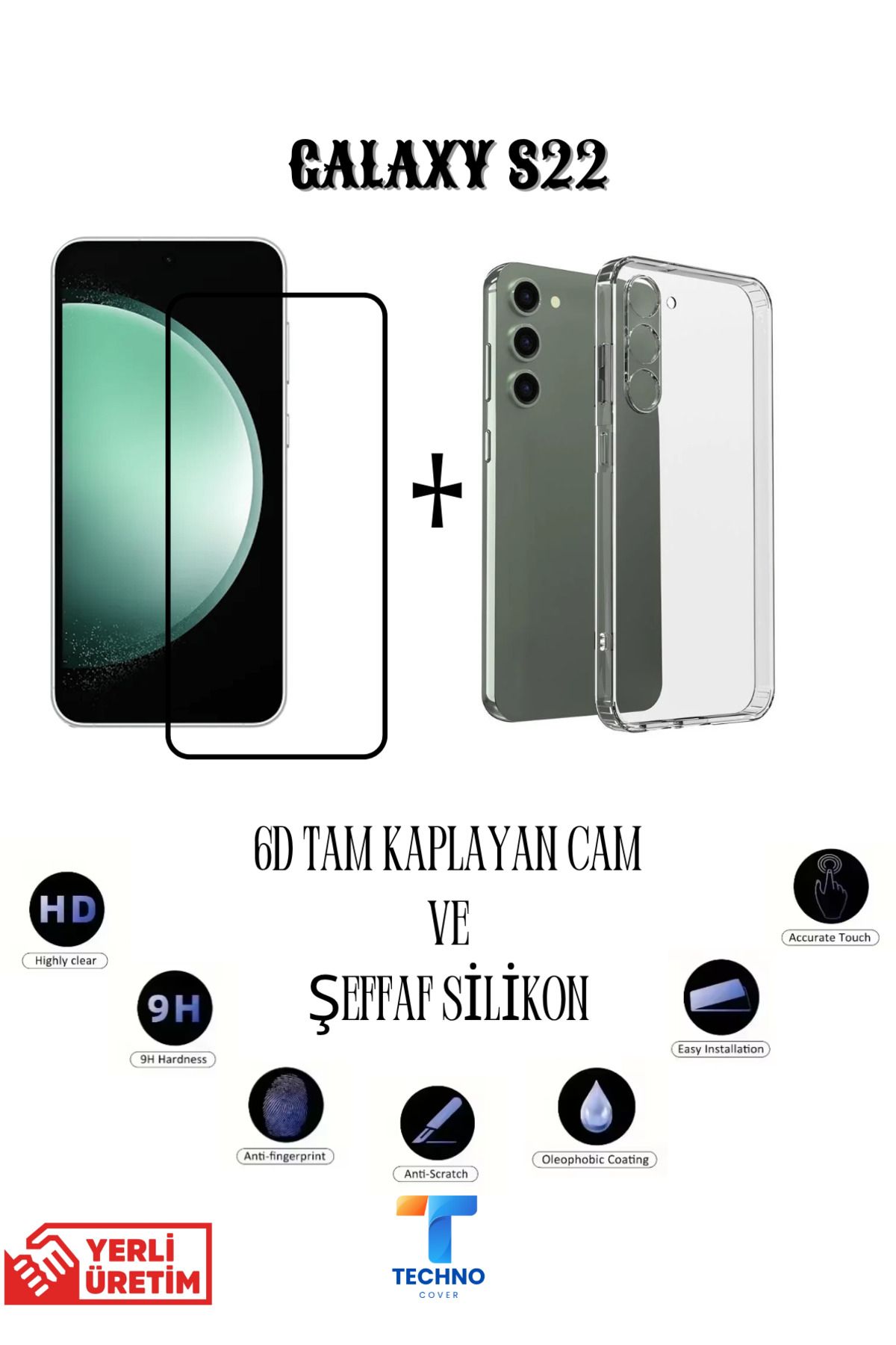 foxpower Samsung S22 6D Tam Kaplayan Ekran Koruyucu ve Şeffaf Kılıf 2li Avantajlı Paket