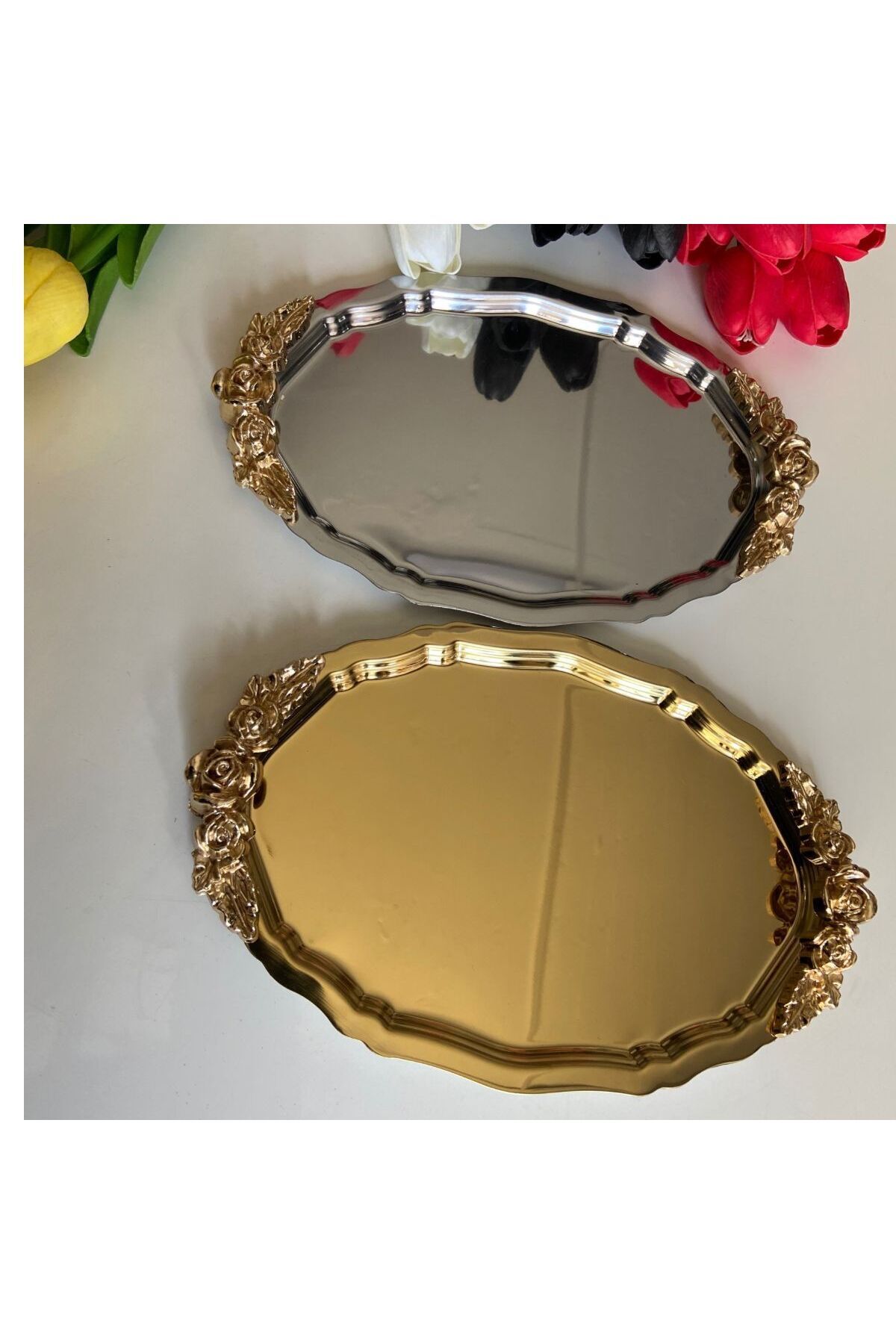 mucit home Lüks Oval Gold Sunum Tepsisi – Paslanmaz Çelik