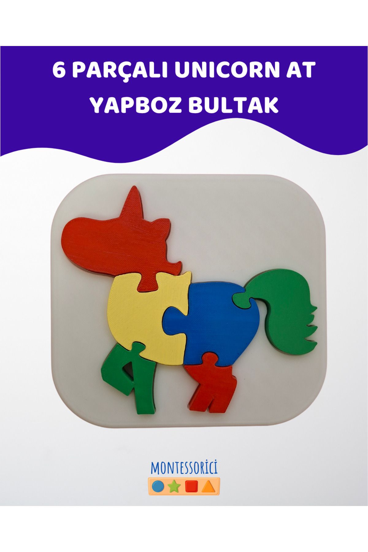 Montessori Unicorn At Şeklinde Puzzle Bultak – 2+ Yaş Eğitici Renkli Yapboz Seti (5 Parça + Taban)