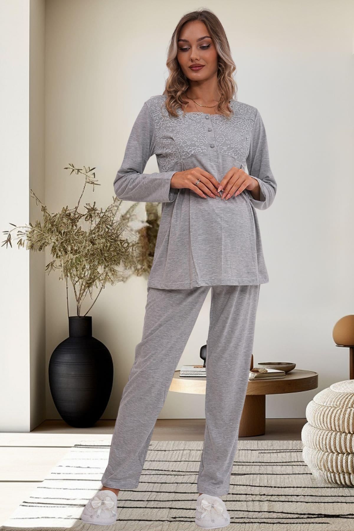 By Mecit Pijama Hamile Dantel Detaylı Lohusa Pijama Takımı