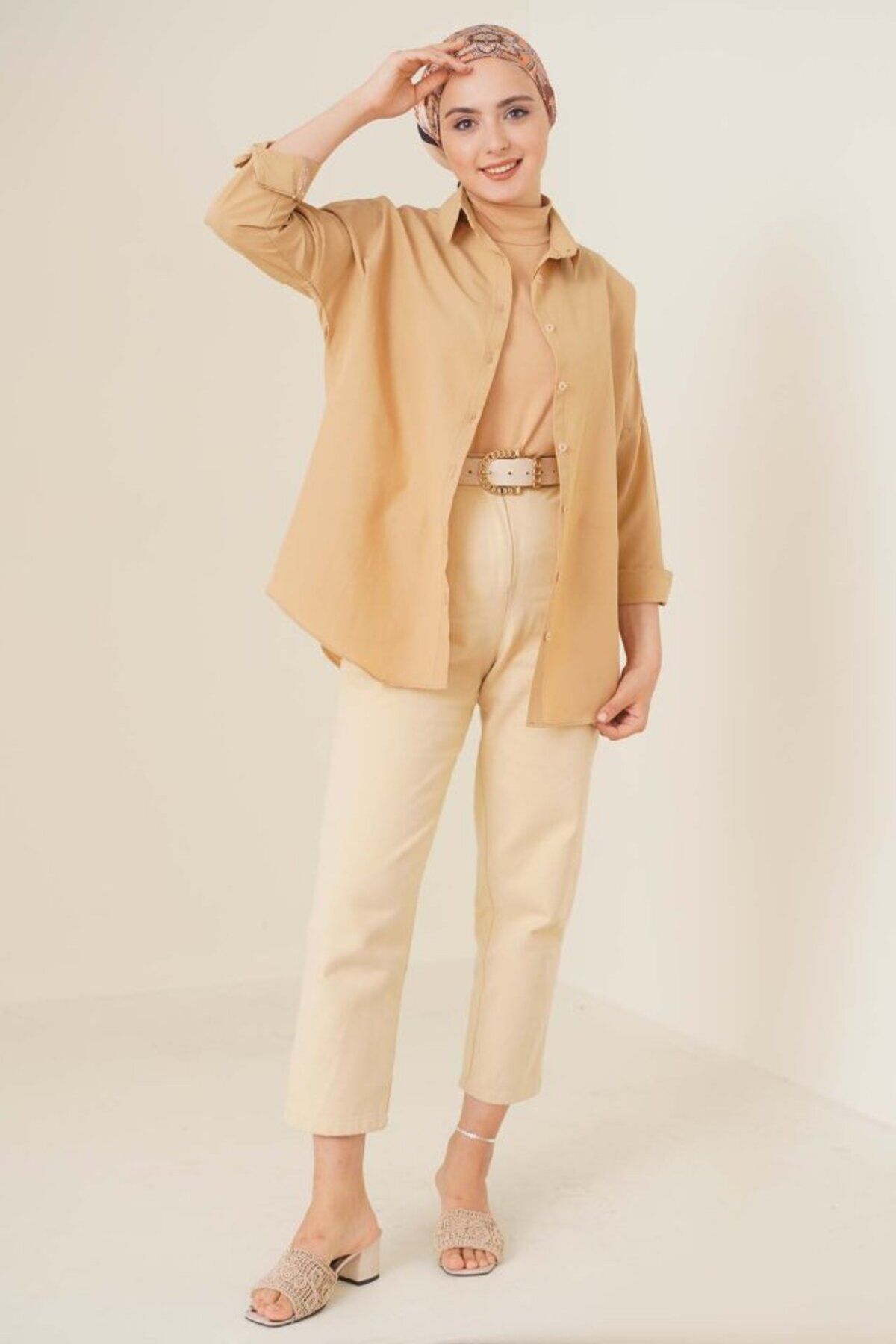 gelirr 103901 Oversize Basic Tesettür Gömlek - Bej