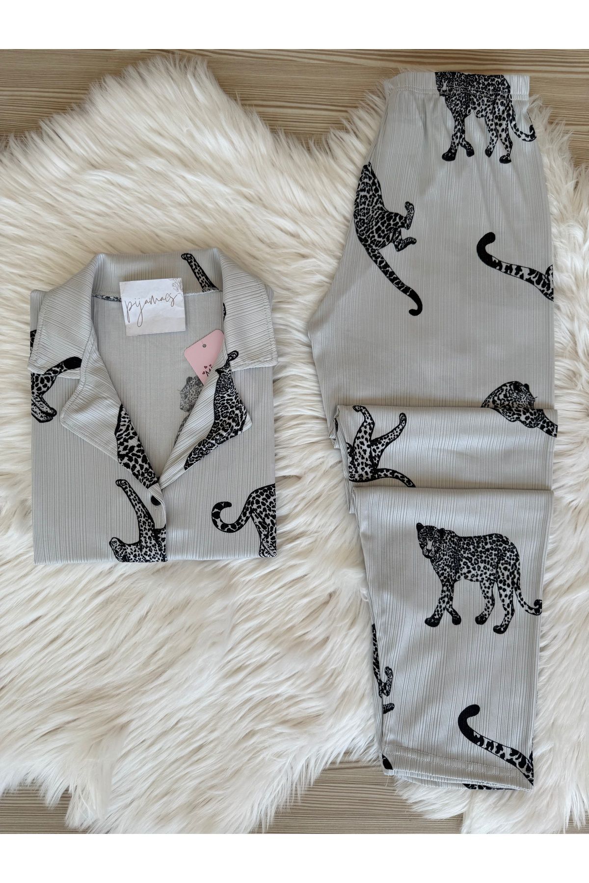 Pijamacs Gri Kaplan Desenli Pegasus Kısa Kol Pijama Takımı