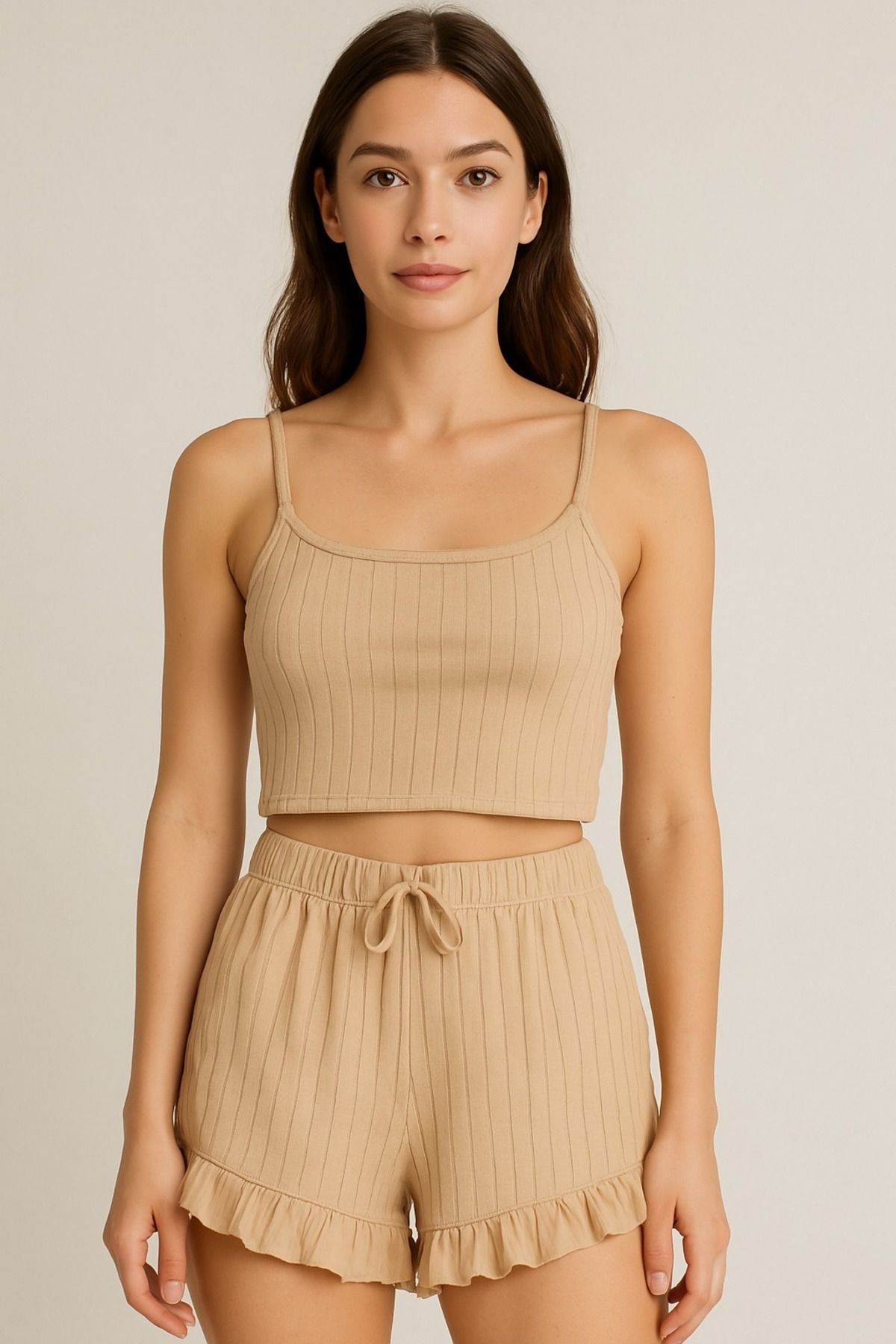 AYLİNA Crop Takım - Askılı Crop Takım Likralı Bej (XL)