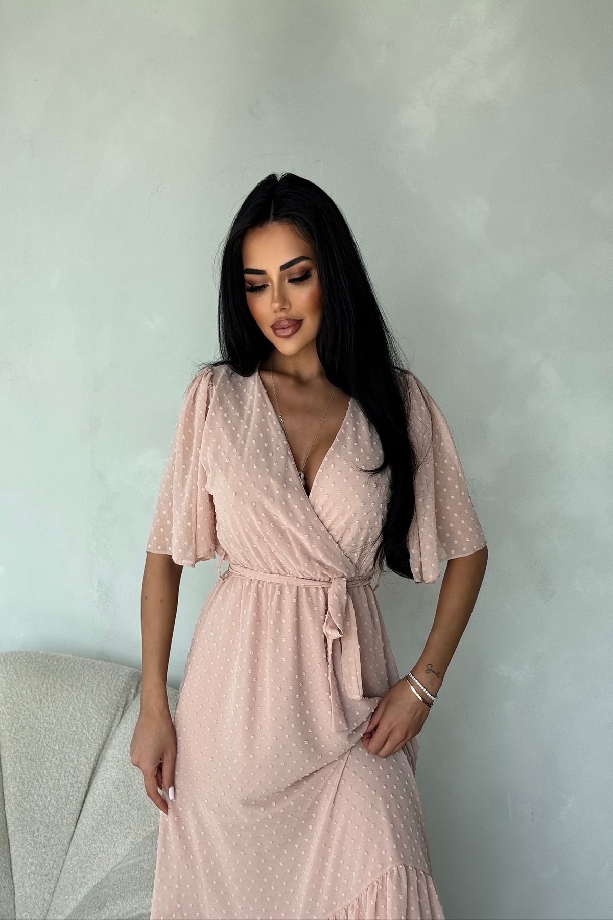 kamacibutik KRUVAZE YAKA DESENLİ ŞİFON ELBİSE