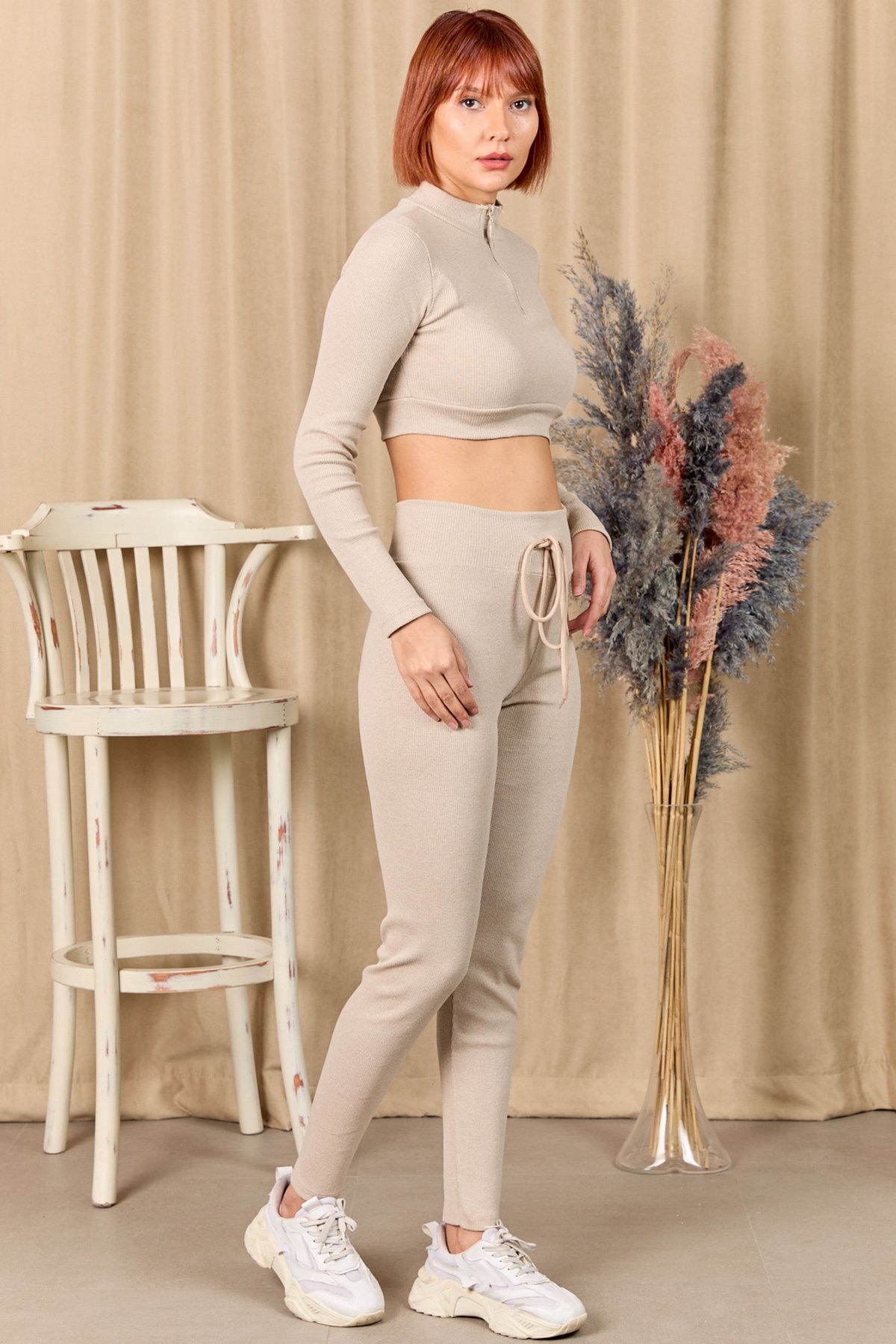 Aydemir fermuarlı crop ikili takım bej
