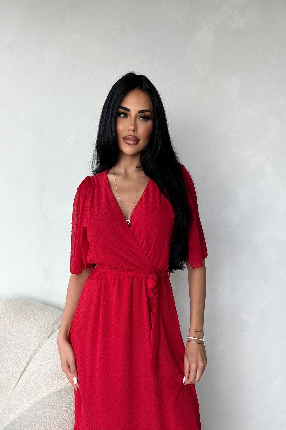 kamacibutik KRUVAZE YAKA DESENLİ ŞİFON ELBİSE