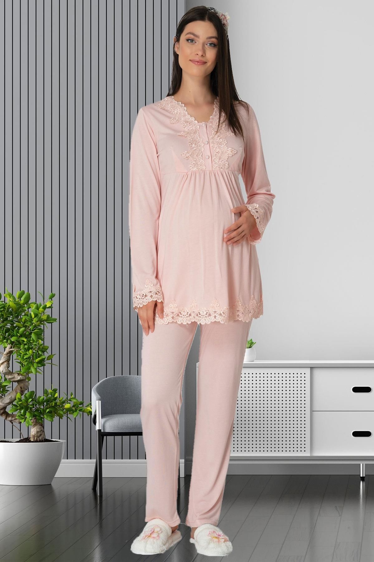 By Mecit Pijama Hamile Uzun Kollu İşleme Detaylı Lohusa Pijama Takımı