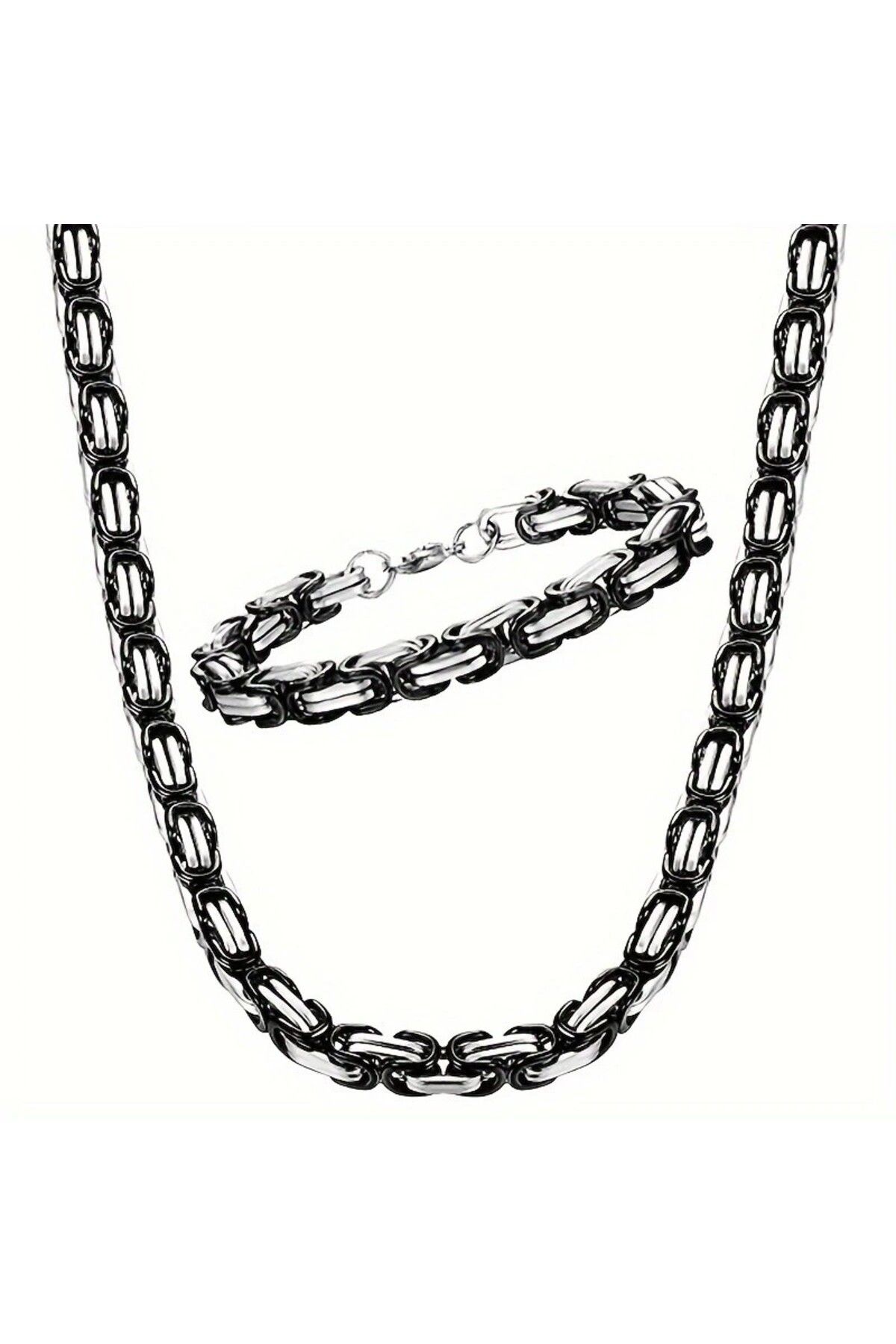 Tasarım Çelik Takı Seti Bileklik Kolye Kral Zincir Model 0.5 Mm 21-55 Cm Bizans Bağlantı Gümüş Silver Siyah