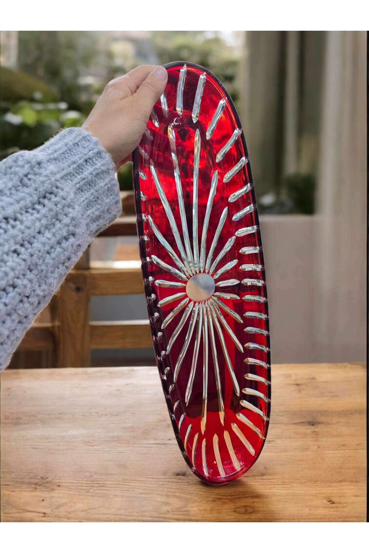 AYZ HOME Kesme Kristal Cam Büyük Boy Kırmızı Kayık Sunum Tabağı 50 cm