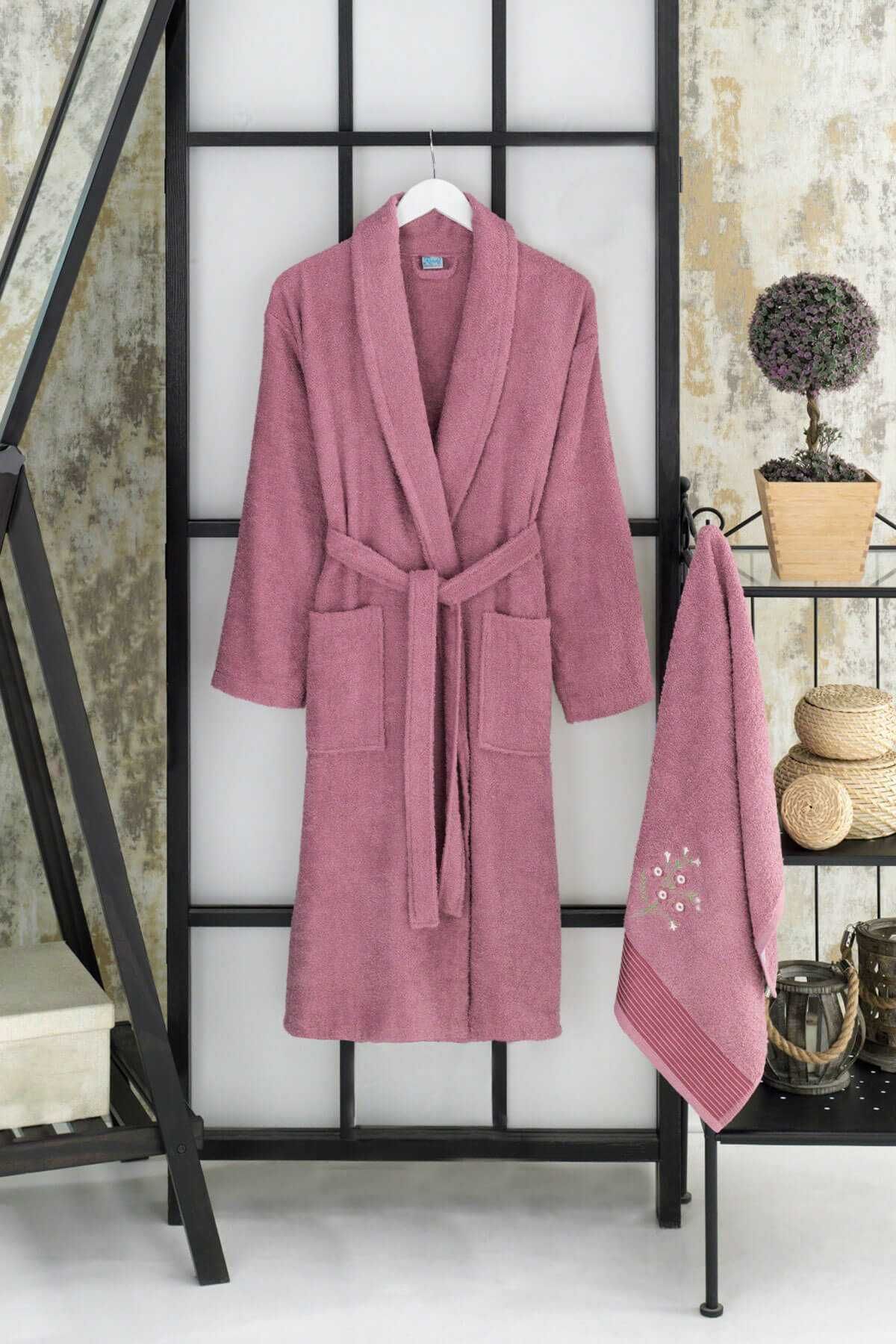 merland benvecocuk Kadın Havlulu Banyo Bornoz Takımı %100 Pamuklu Mürdüm