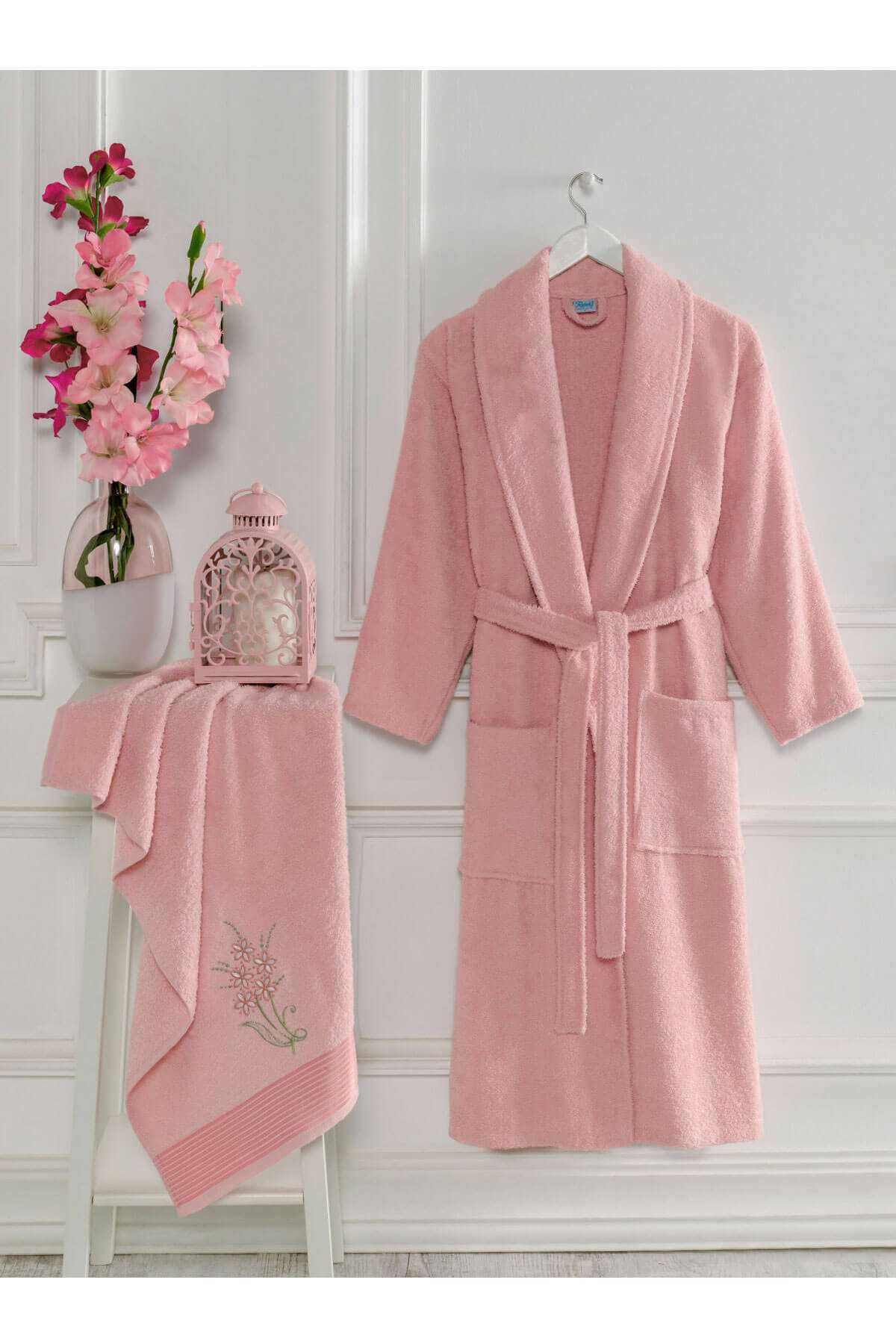 merland benvecocuk Kadın Havlulu Banyo Bornoz Takımı %100 Pamuklu Pembe