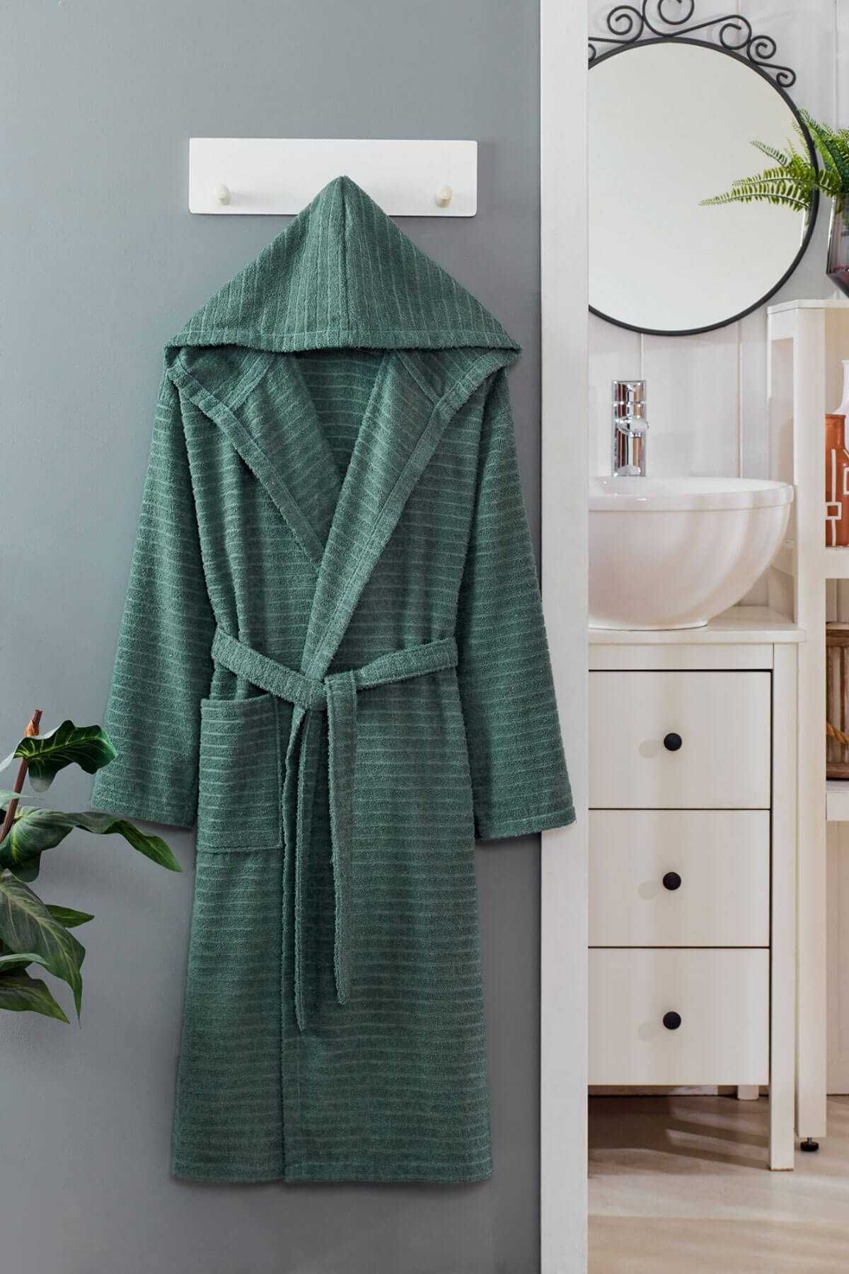 merland benvecocuk Kapüşonlu Unisex Banyo Bornozu %100 Soft Pamuklu Yeşil