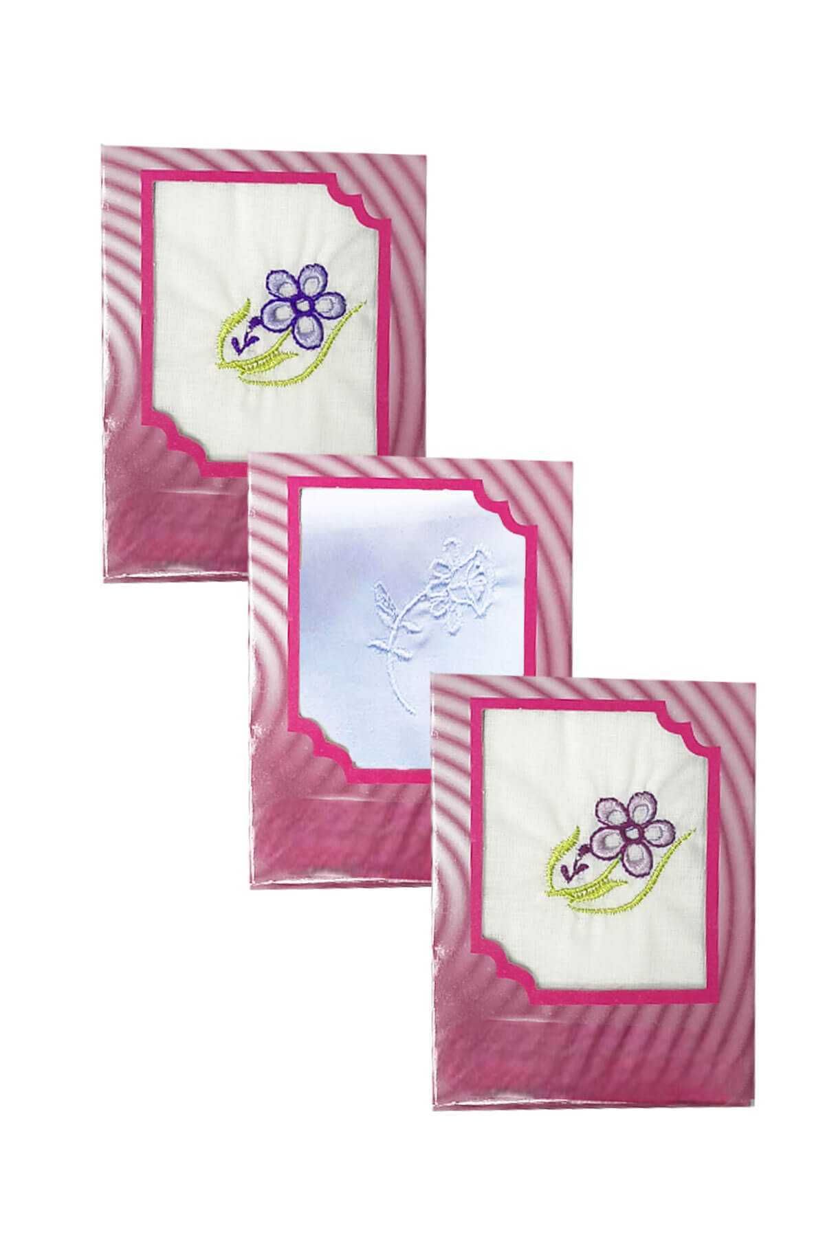 merland benvecocuk 3’lü Özel Paket Premium Kadın İşlemeli Mendil Seti %100 Pamuk 28x28 Cm