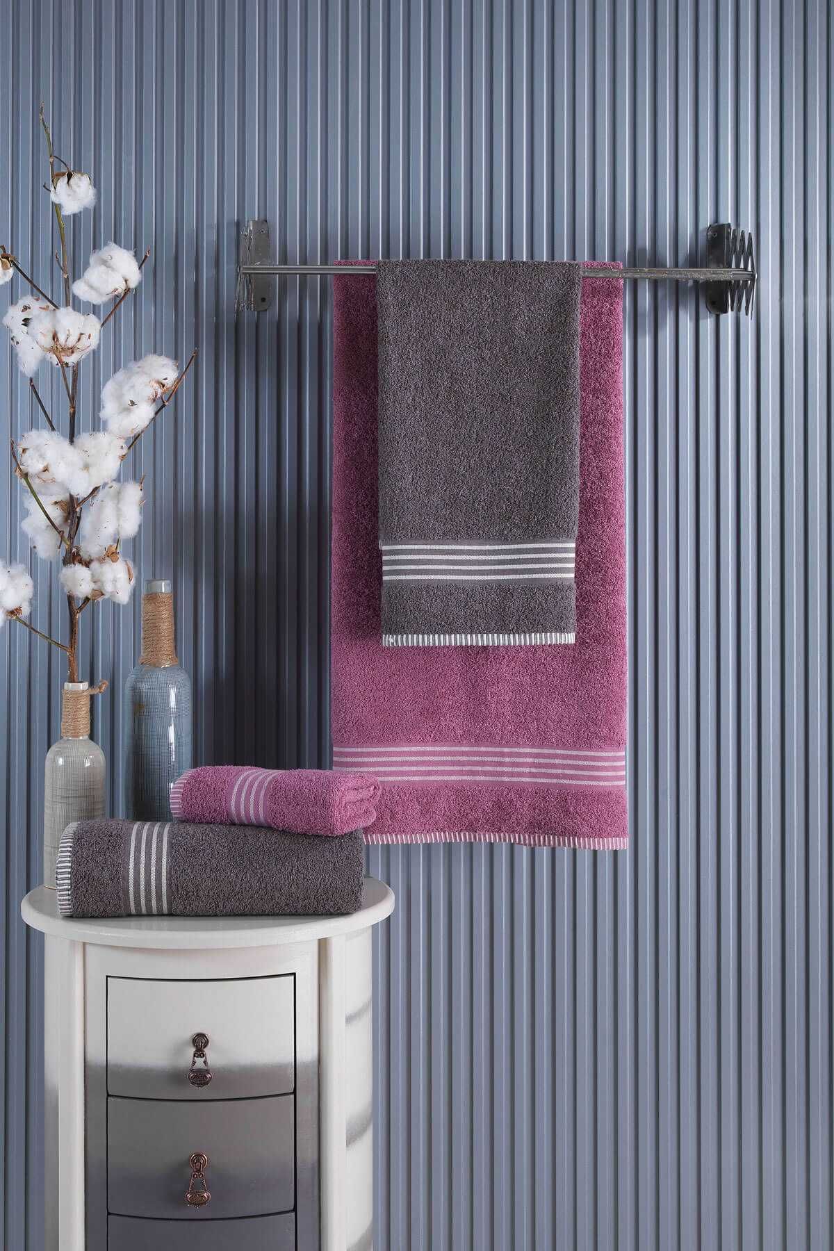 merland benvecocuk 4 lü Kadın Erkek Banyo Havlusu Takımı Oscar Mürdüm Antasit
