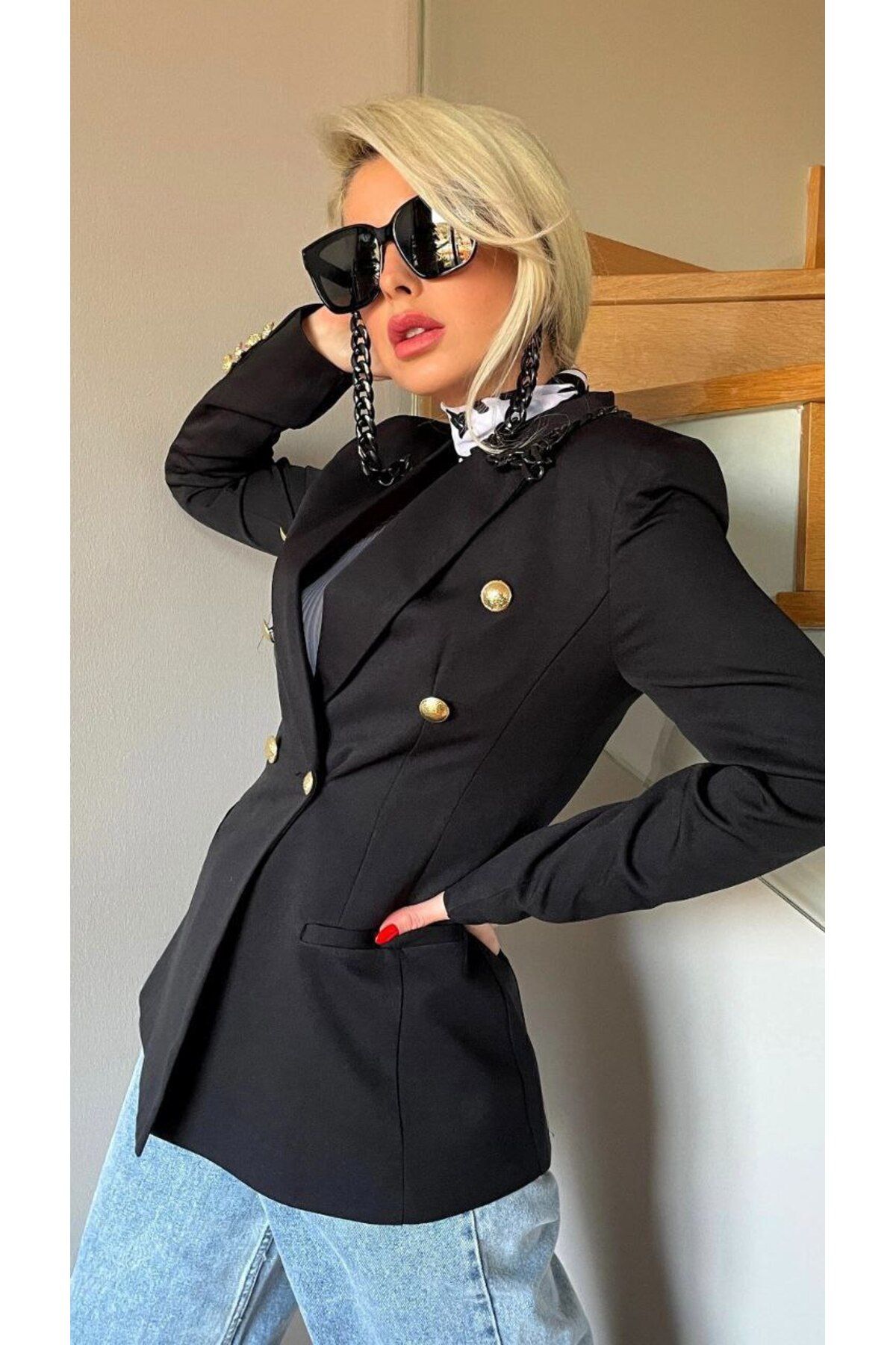 Castivo Fashion Gold Düğme Detaylı Kruvaze Blazer Ceket