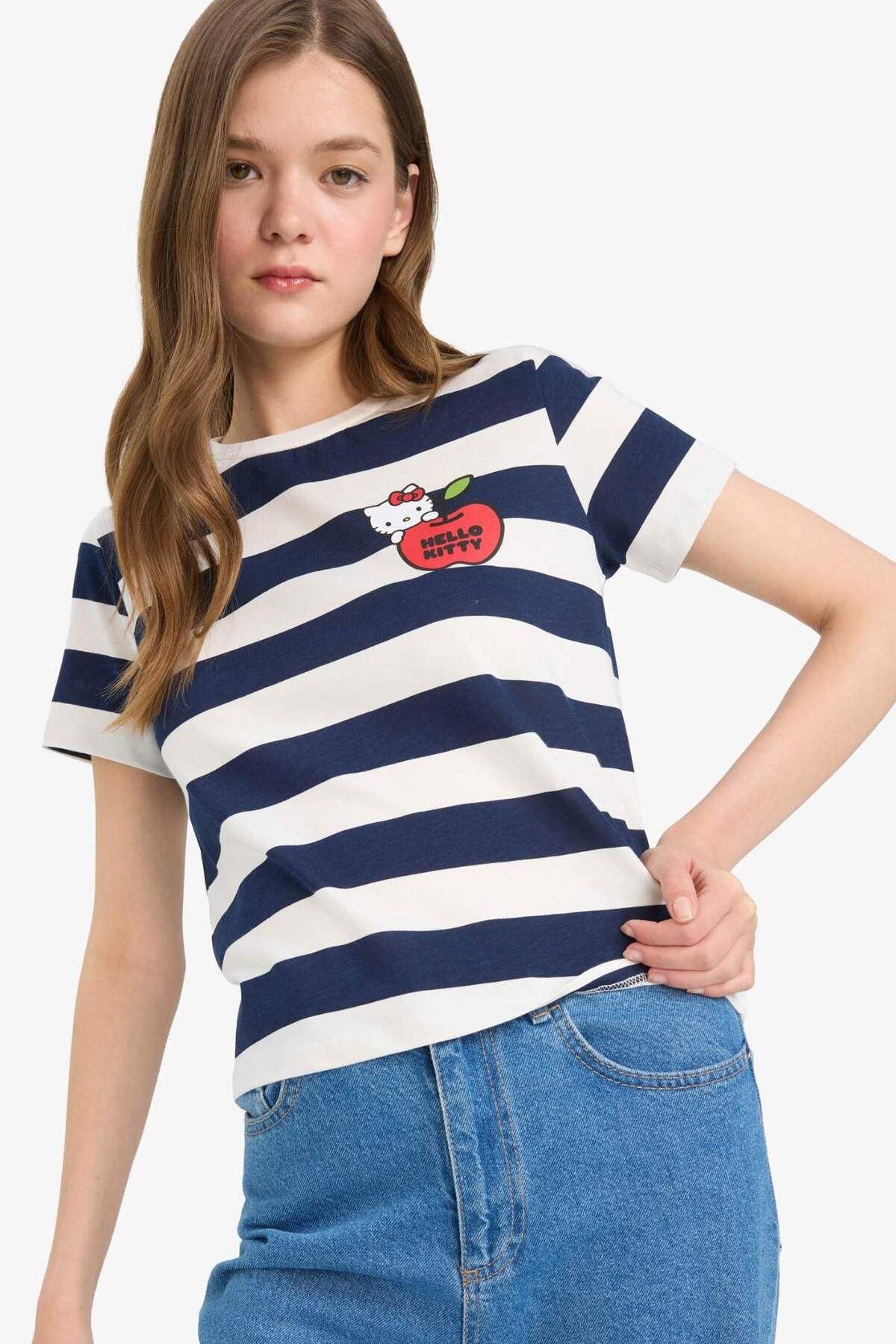 DeFacto Coool Hello Kitty Çizgili Bisiklet Yaka Kısa Kollu Tişört F4565AX25SM