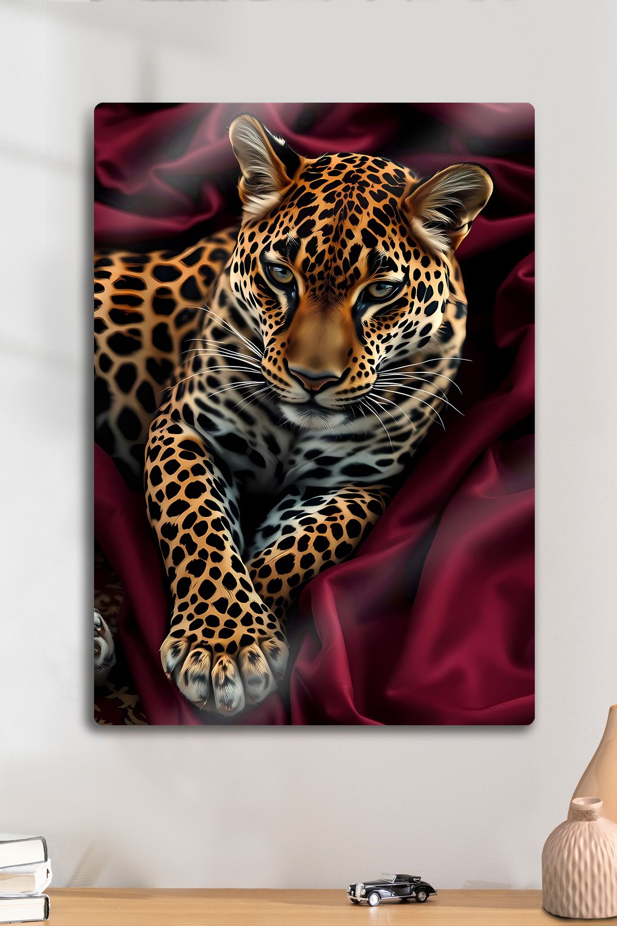 DekorHane Metal Tablo - Romantik Kırmızı Leopar, Parlak 4K Baskı, Sanatsal Poster
