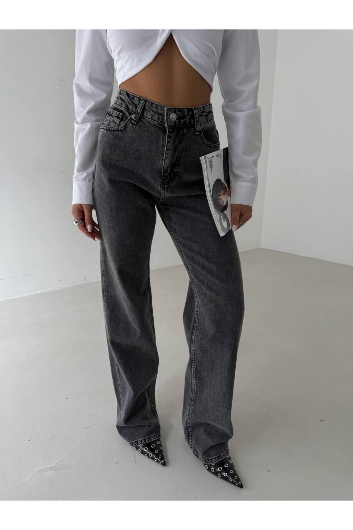 Castivo Fashion Yüksek Bel Yırtık Detaylı Geniş Paça Jean Pantolon