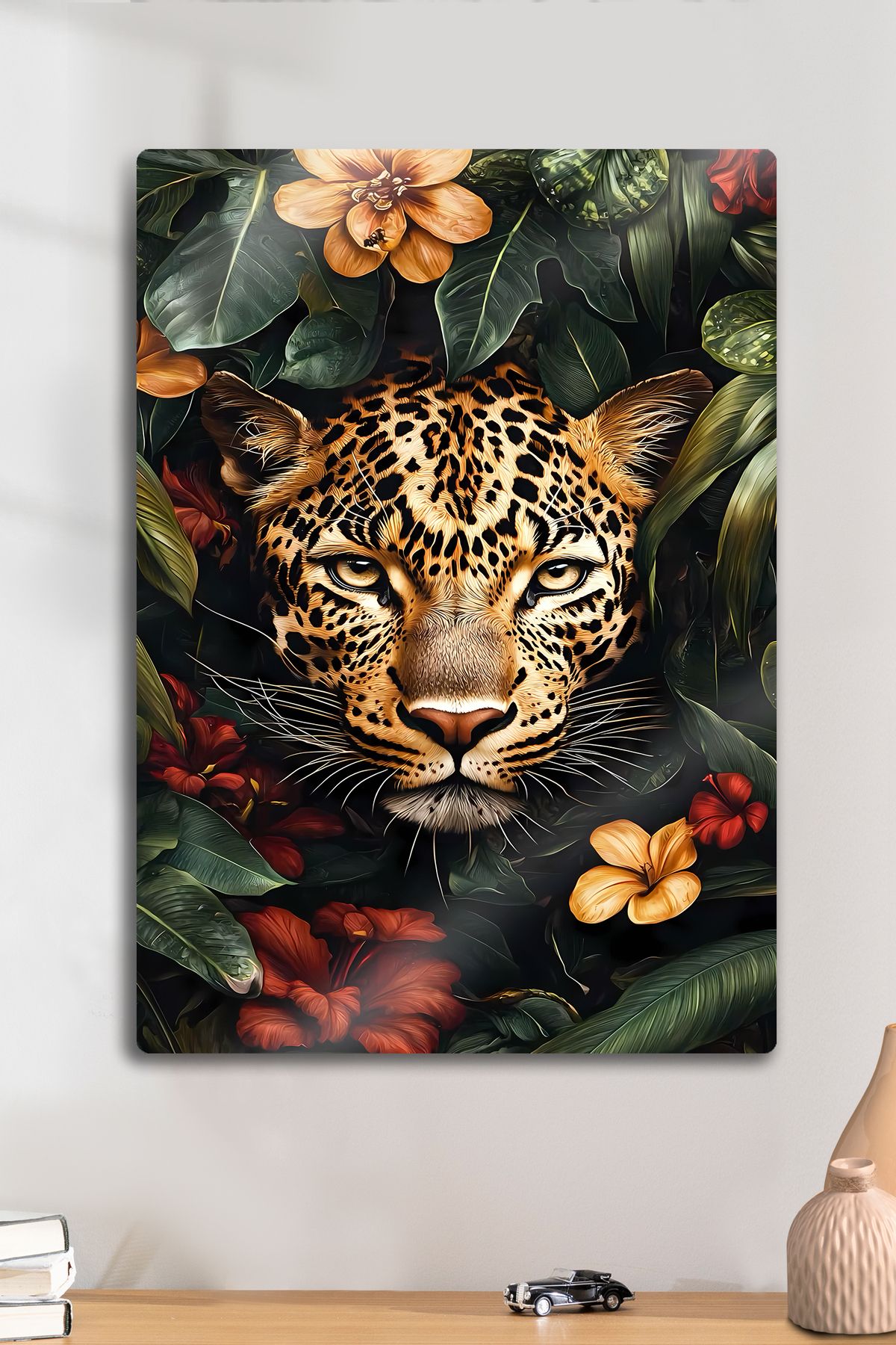 DekorHane Metal Levha Üzerine 4K Çiçekli Leopar Baskı, Sanatsal Tablo Dekorasyon
